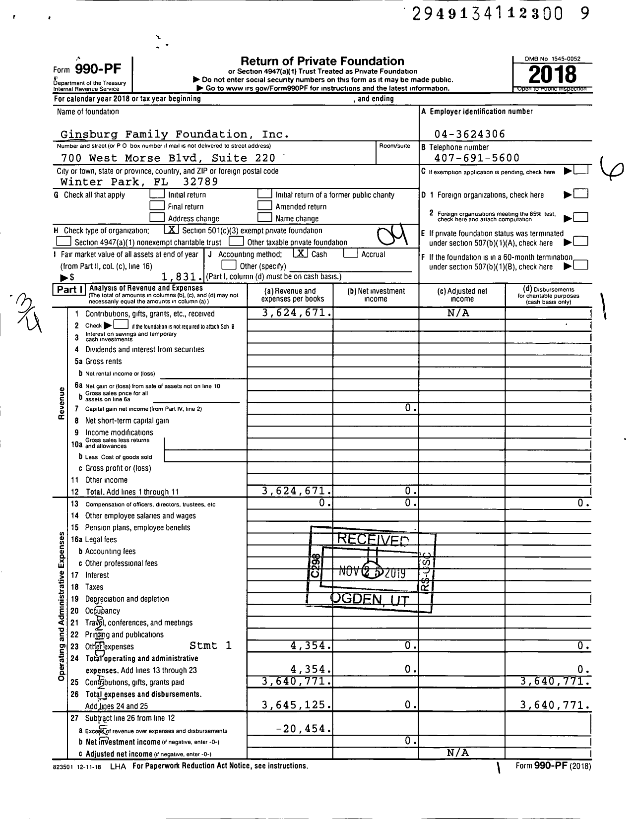 Image of first page of 2018 Form 990PF for Ginsburg Family Foundation