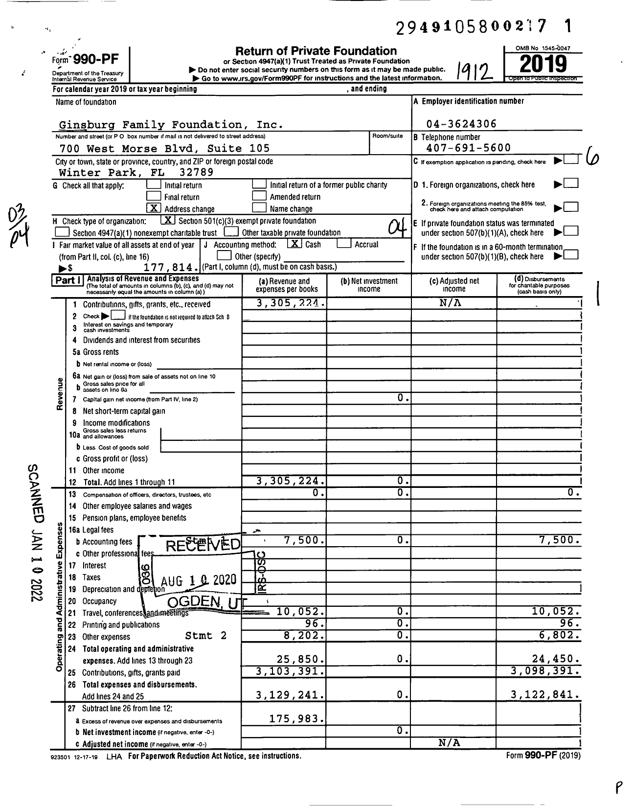 Image of first page of 2019 Form 990PF for Ginsburg Family Foundation