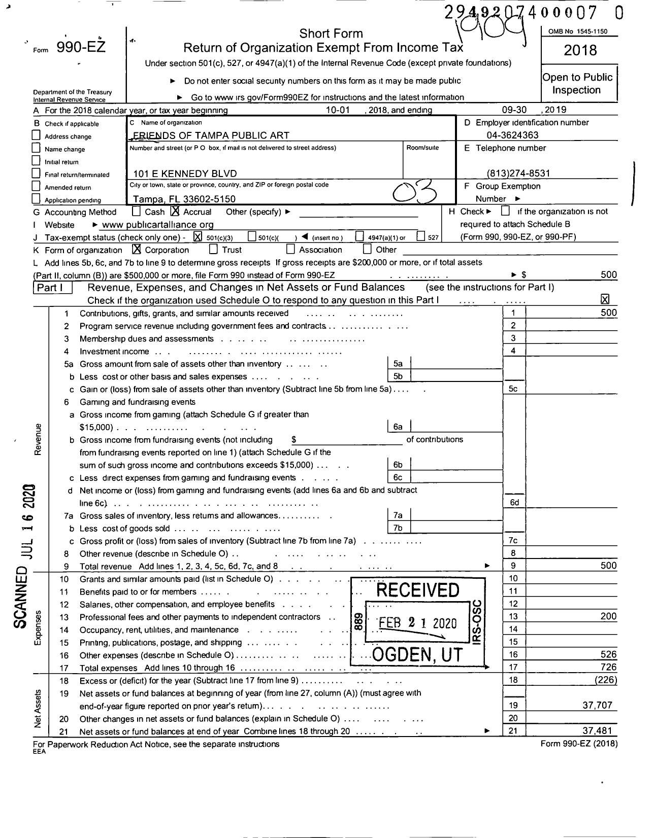 Image of first page of 2018 Form 990EZ for Friends of Tampa Public Art