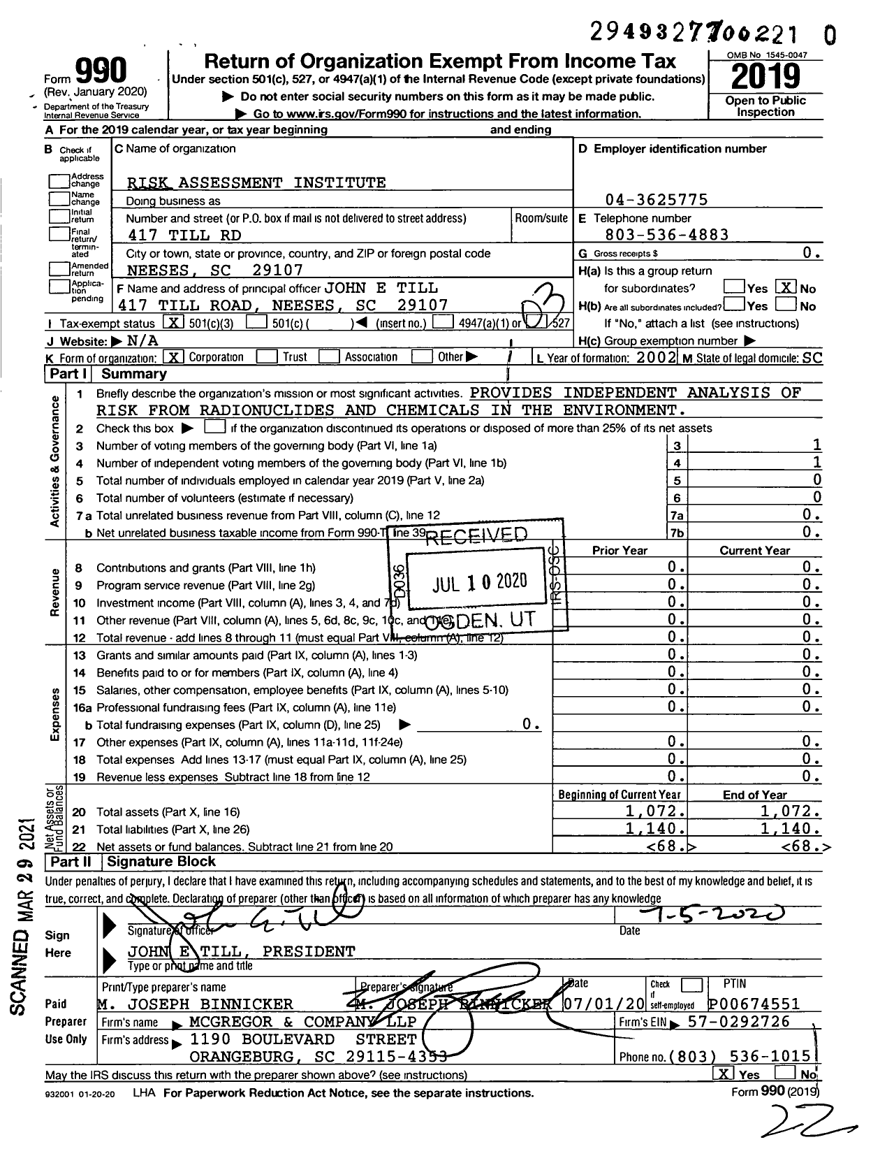 Image of first page of 2019 Form 990 for Risk Assessment Institute
