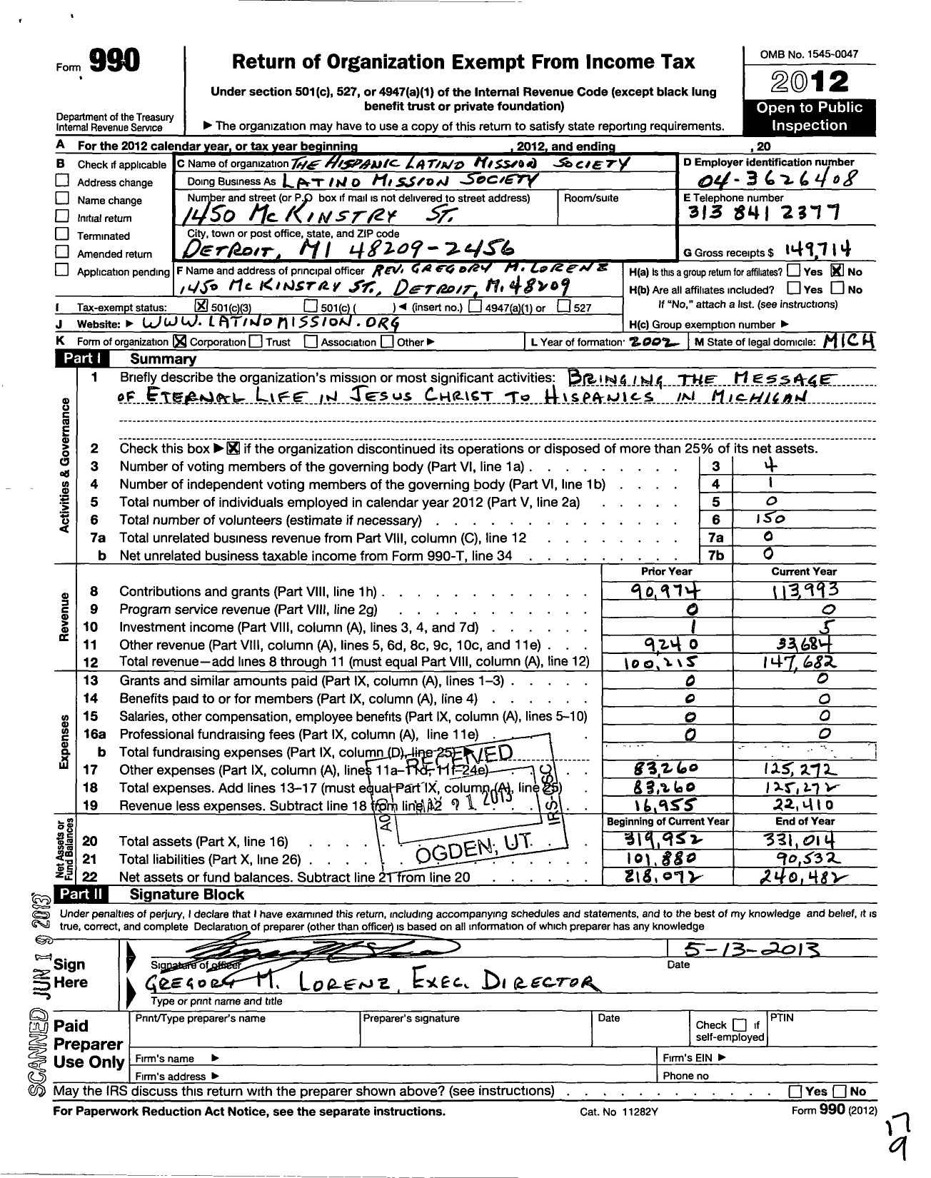 Image of first page of 2012 Form 990 for Hispanic Latino Mission Society of Michigan