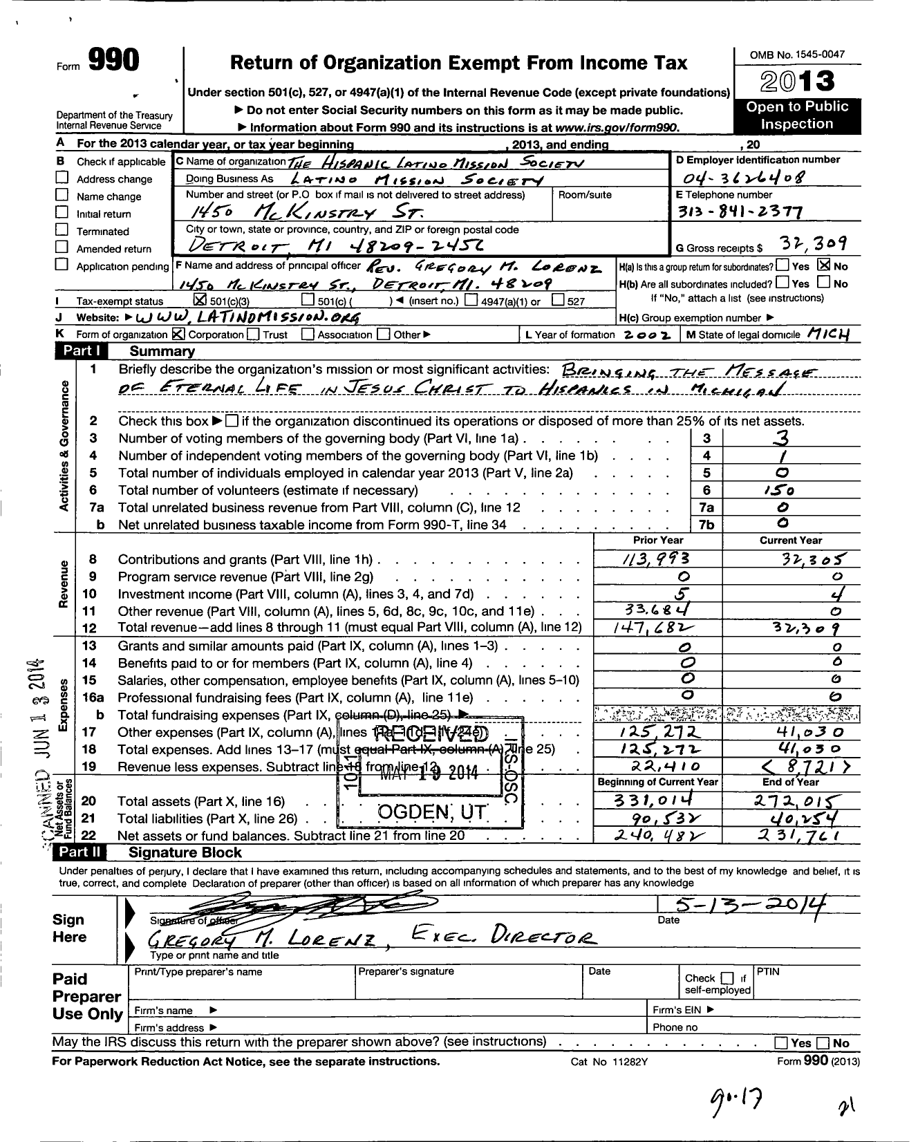 Image of first page of 2013 Form 990 for Hispanic Latino Mission Society of Michigan