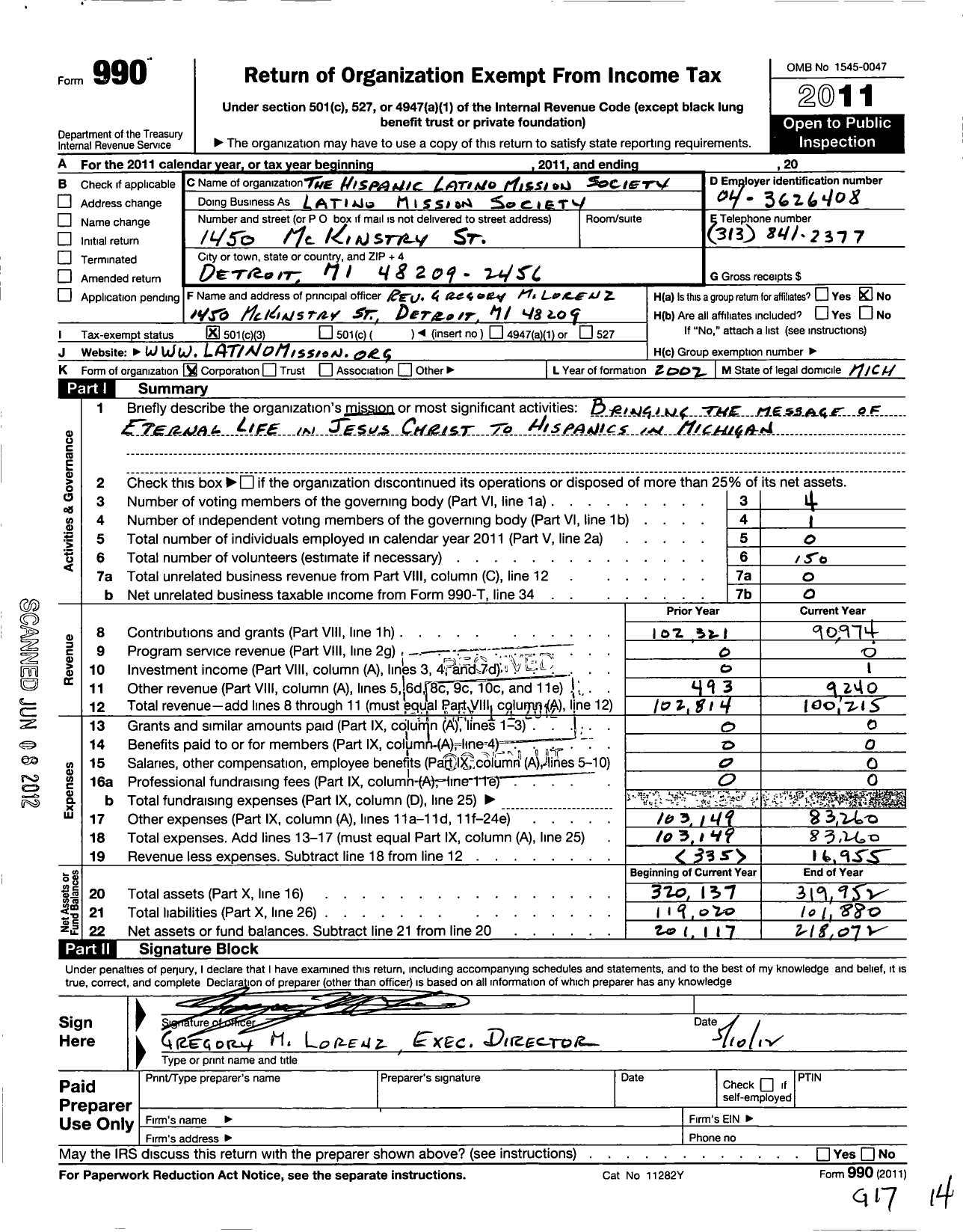 Image of first page of 2011 Form 990 for Hispanic Latino Mission Society of Michigan
