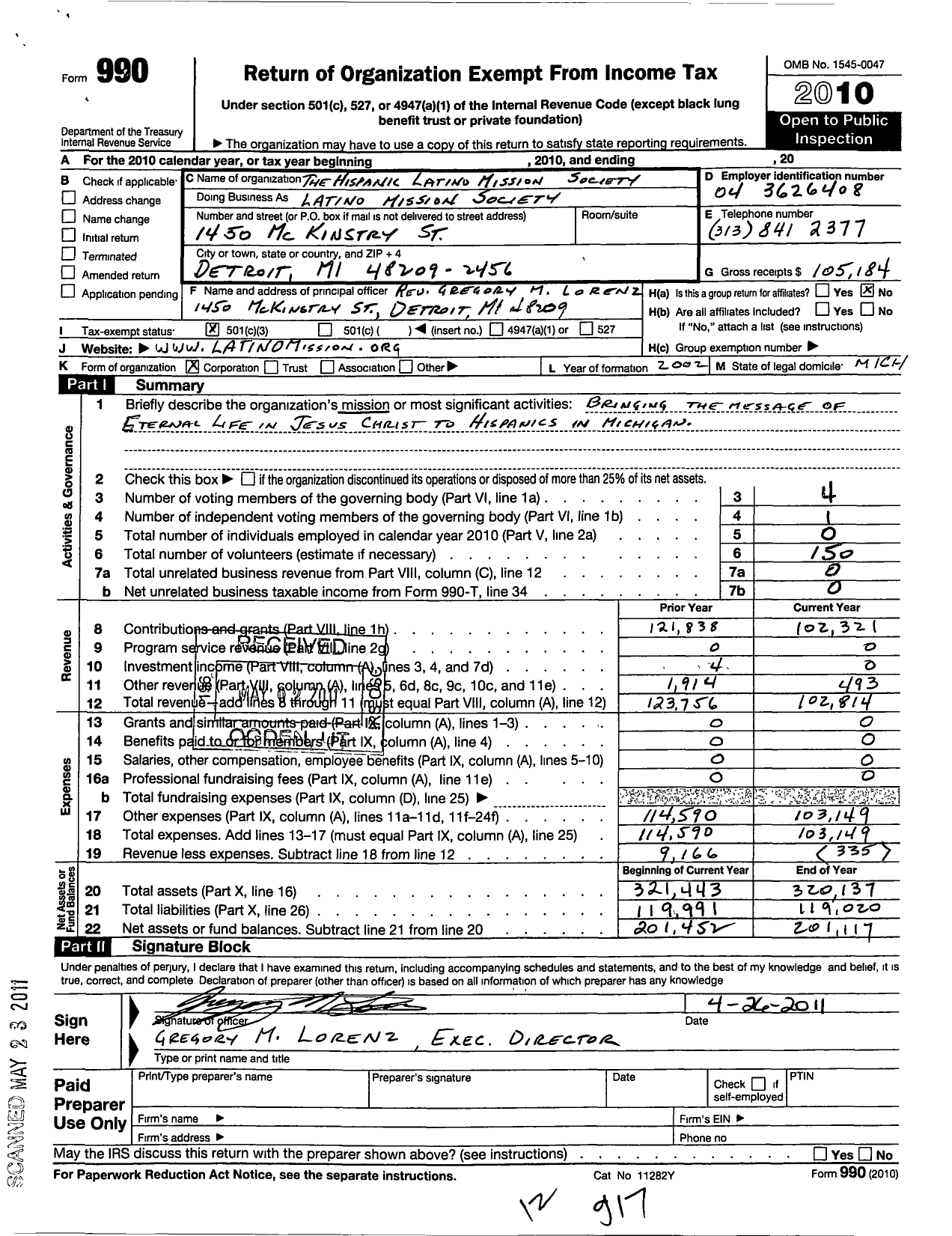 Image of first page of 2010 Form 990 for Hispanic Latino Mission Society of Michigan