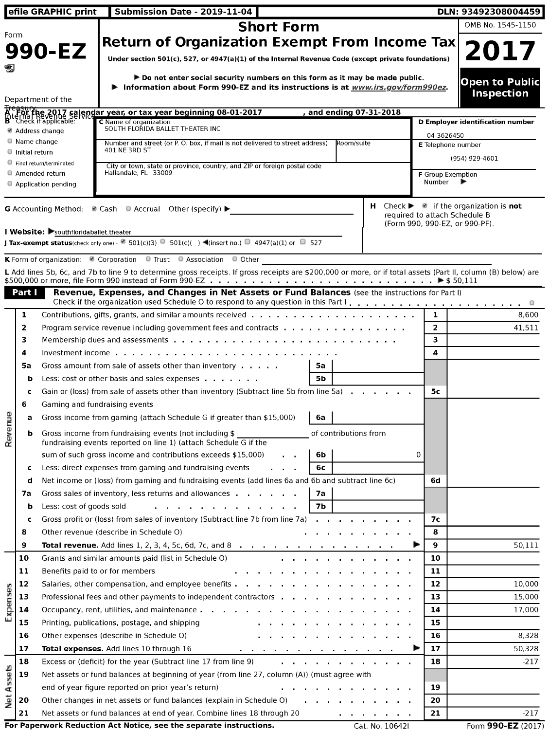 Image of first page of 2017 Form 990EZ for South Florida Ballet Theater