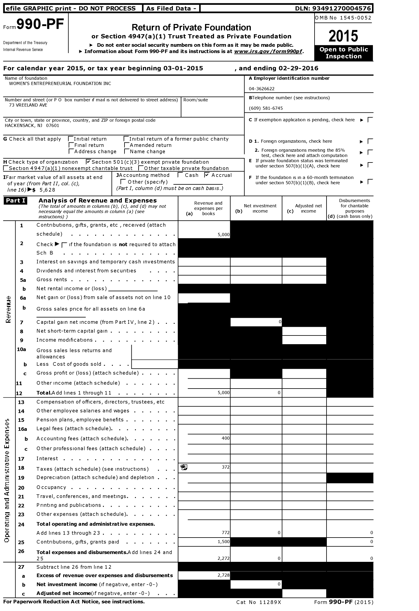 Image of first page of 2015 Form 990PF for Women's Entrepreneurial Foundation