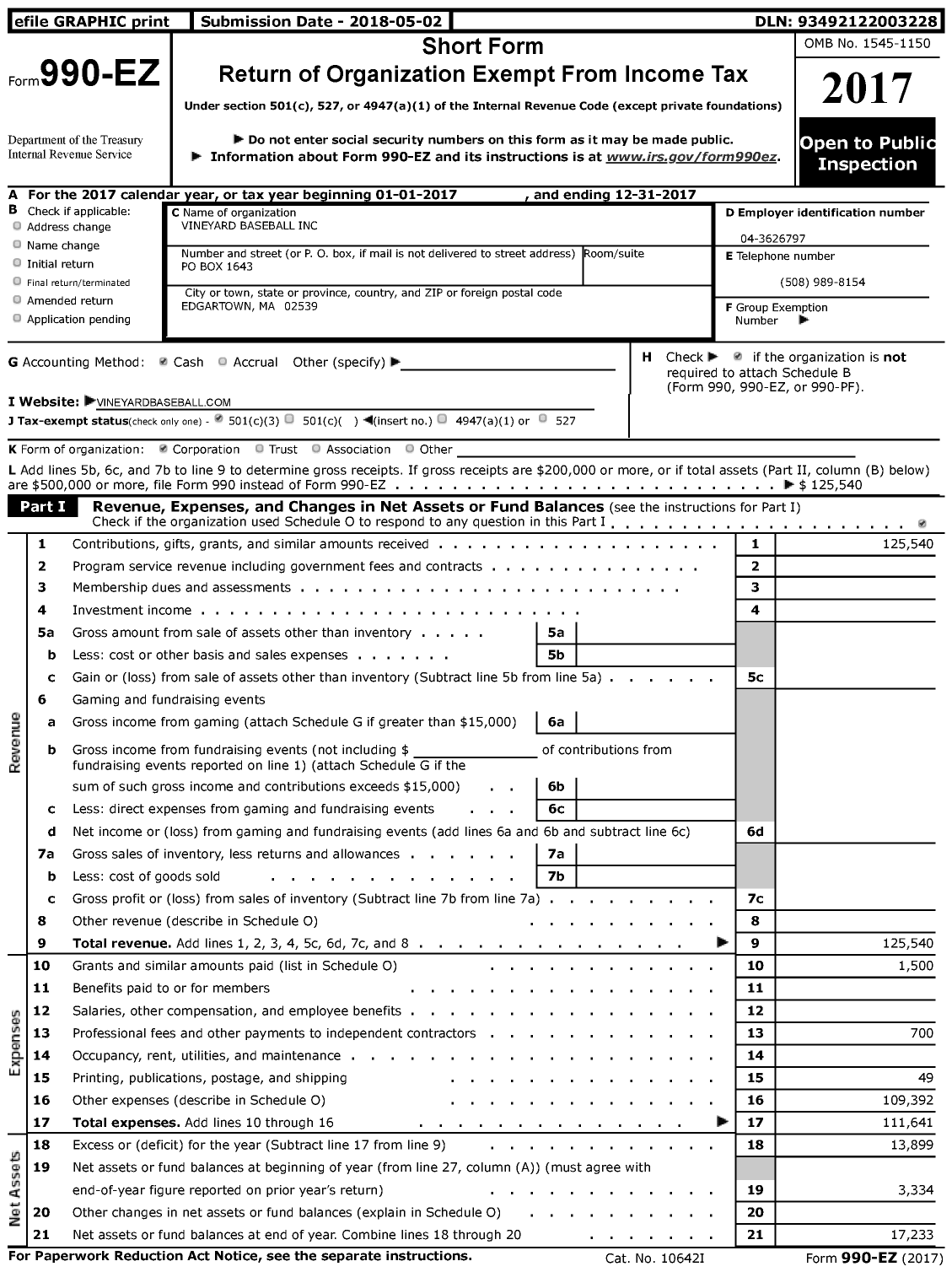 Image of first page of 2017 Form 990EZ for MV Sharks Baseball Foundation