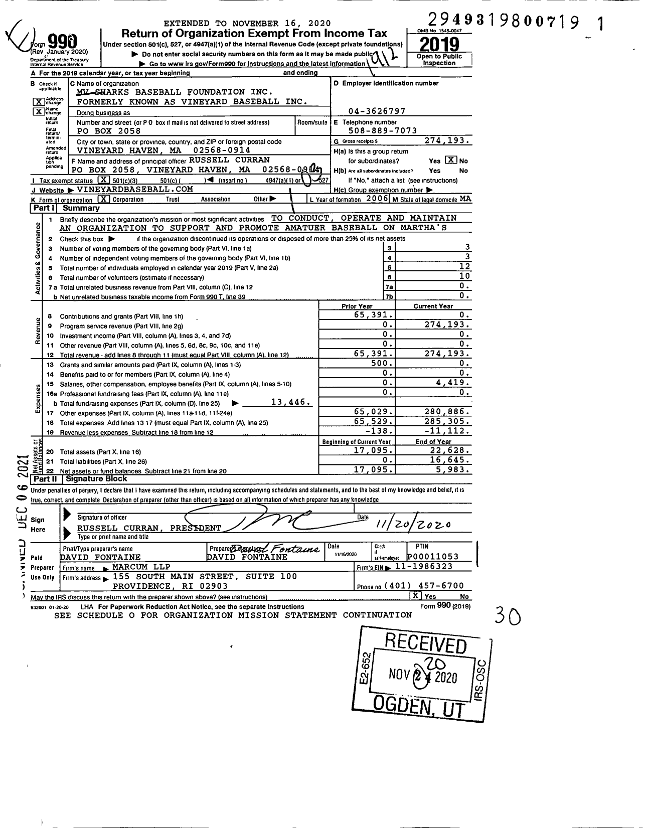 Image of first page of 2019 Form 990 for MV Sharks Baseball Foundation