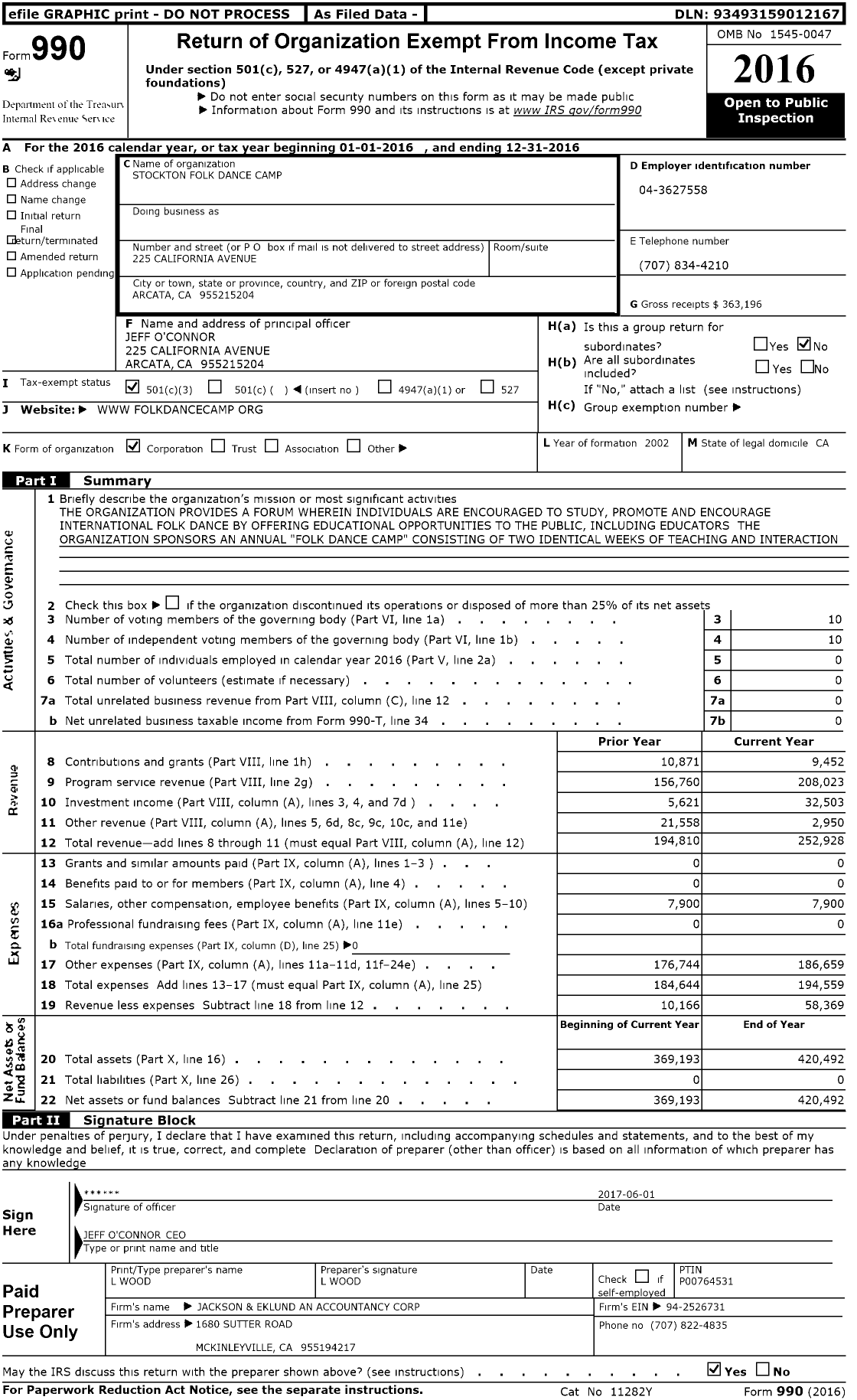 Image of first page of 2016 Form 990 for Stockton Folk Dance Camp