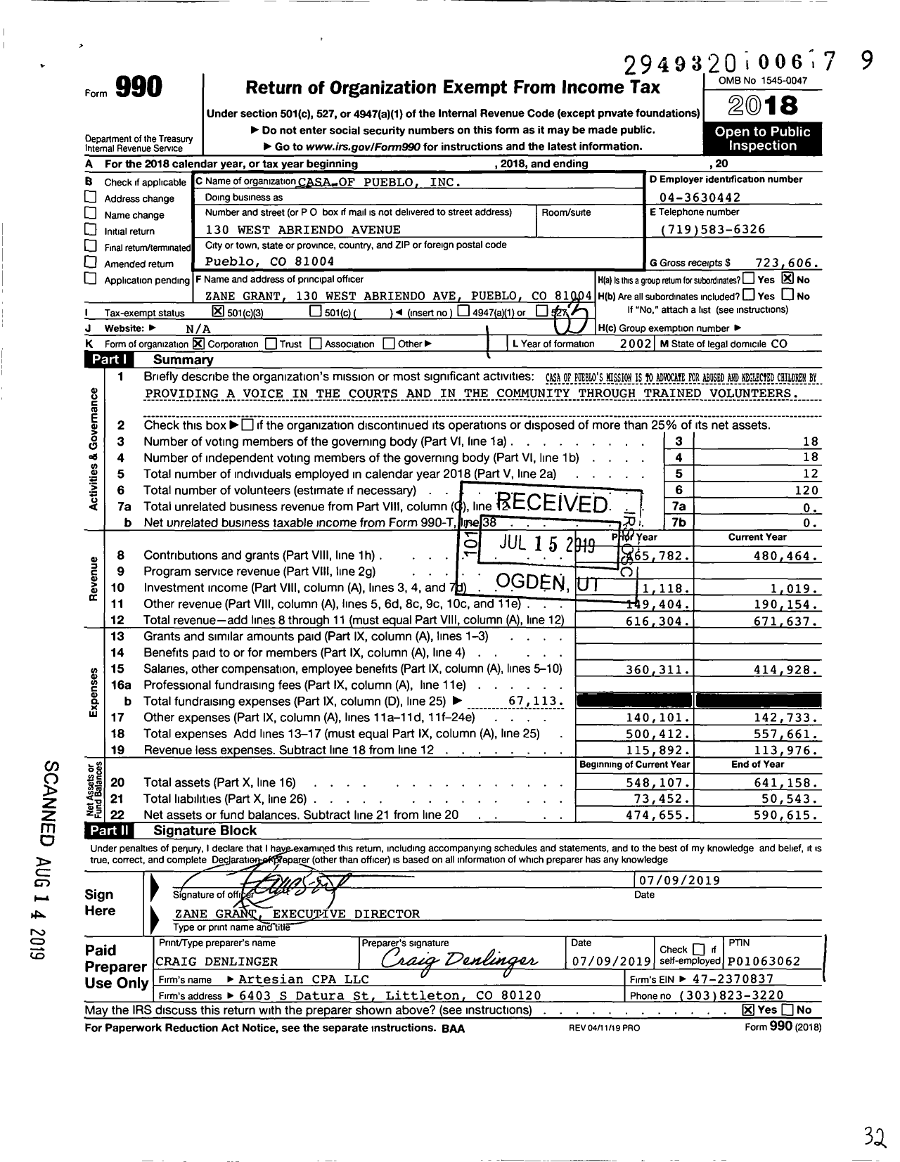 Image of first page of 2018 Form 990 for Casa of Pueblo