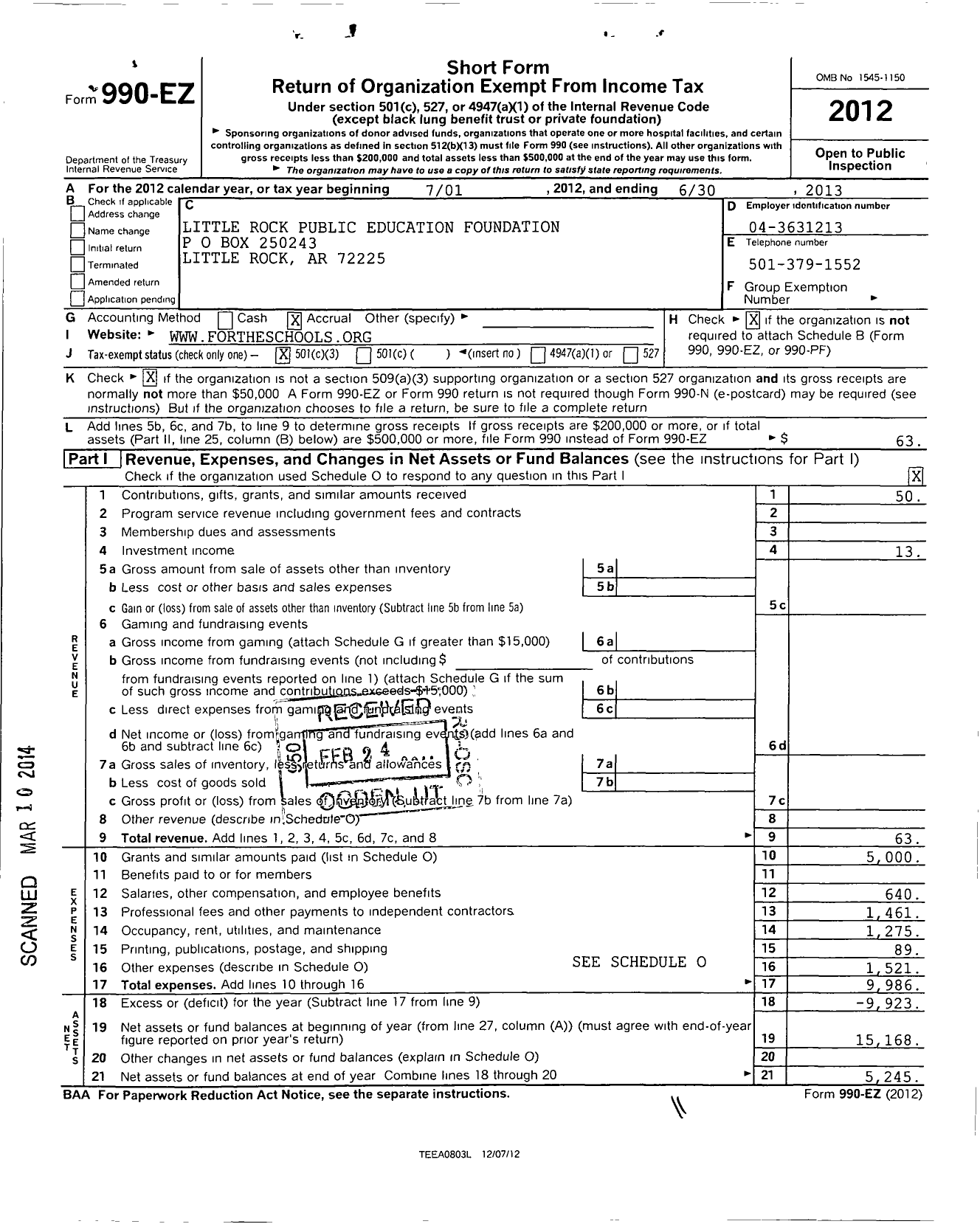 Image of first page of 2012 Form 990EZ for Little Rock Public Education Foundation