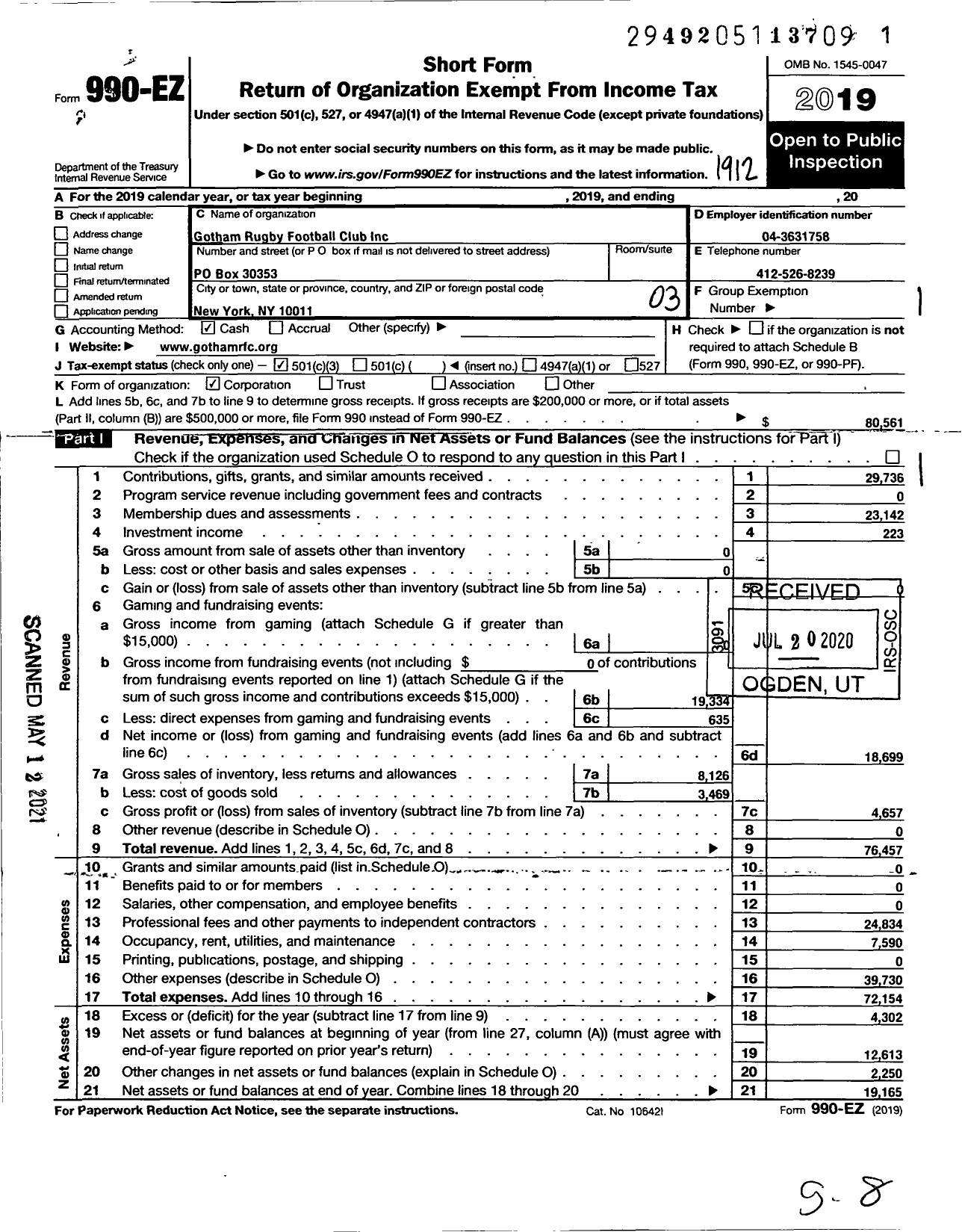 Image of first page of 2019 Form 990EZ for Gotham Rugby Football Club