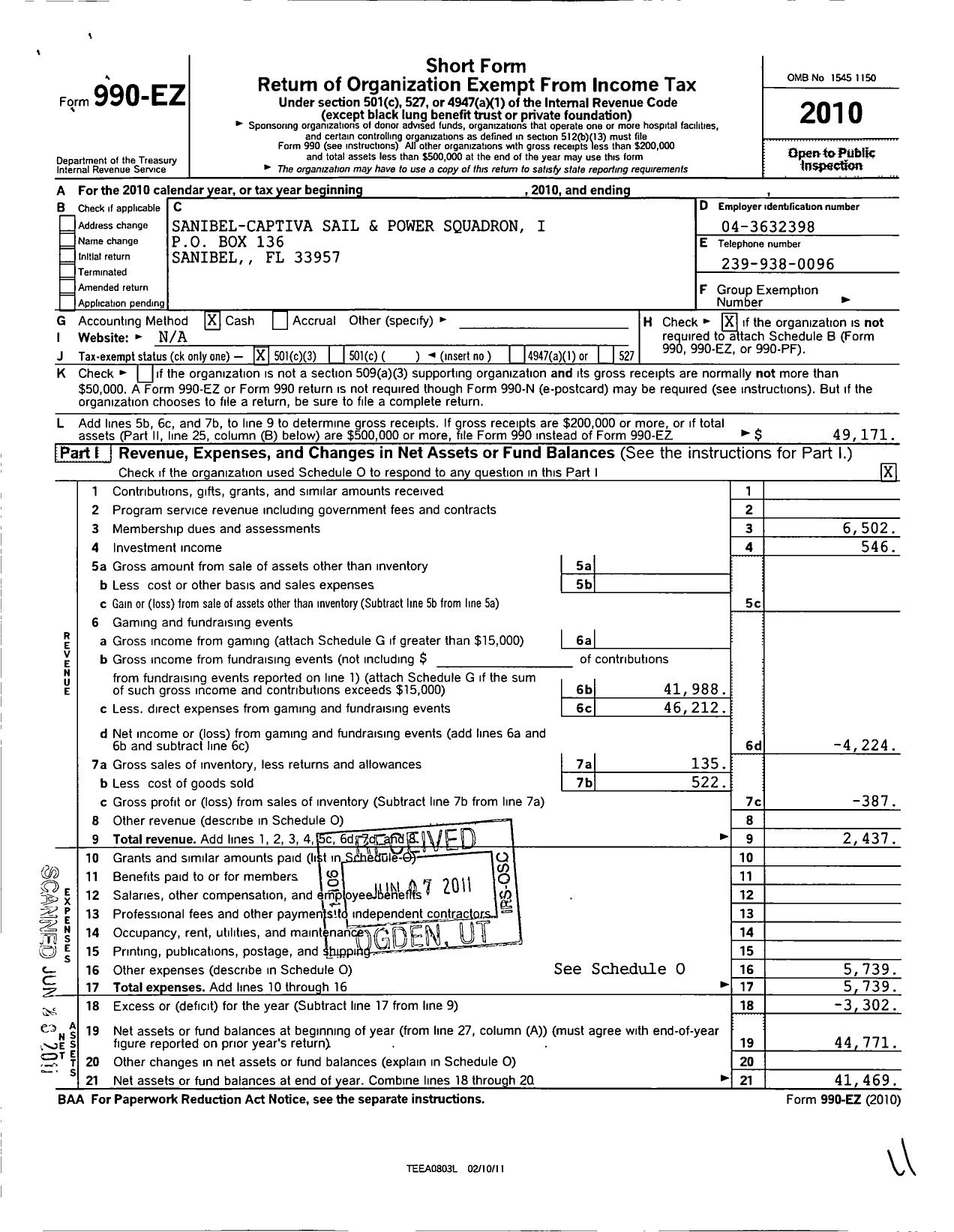 Image of first page of 2010 Form 990EZ for United States Power Squadrons - Sanibel Captiva Sail & Power Squad