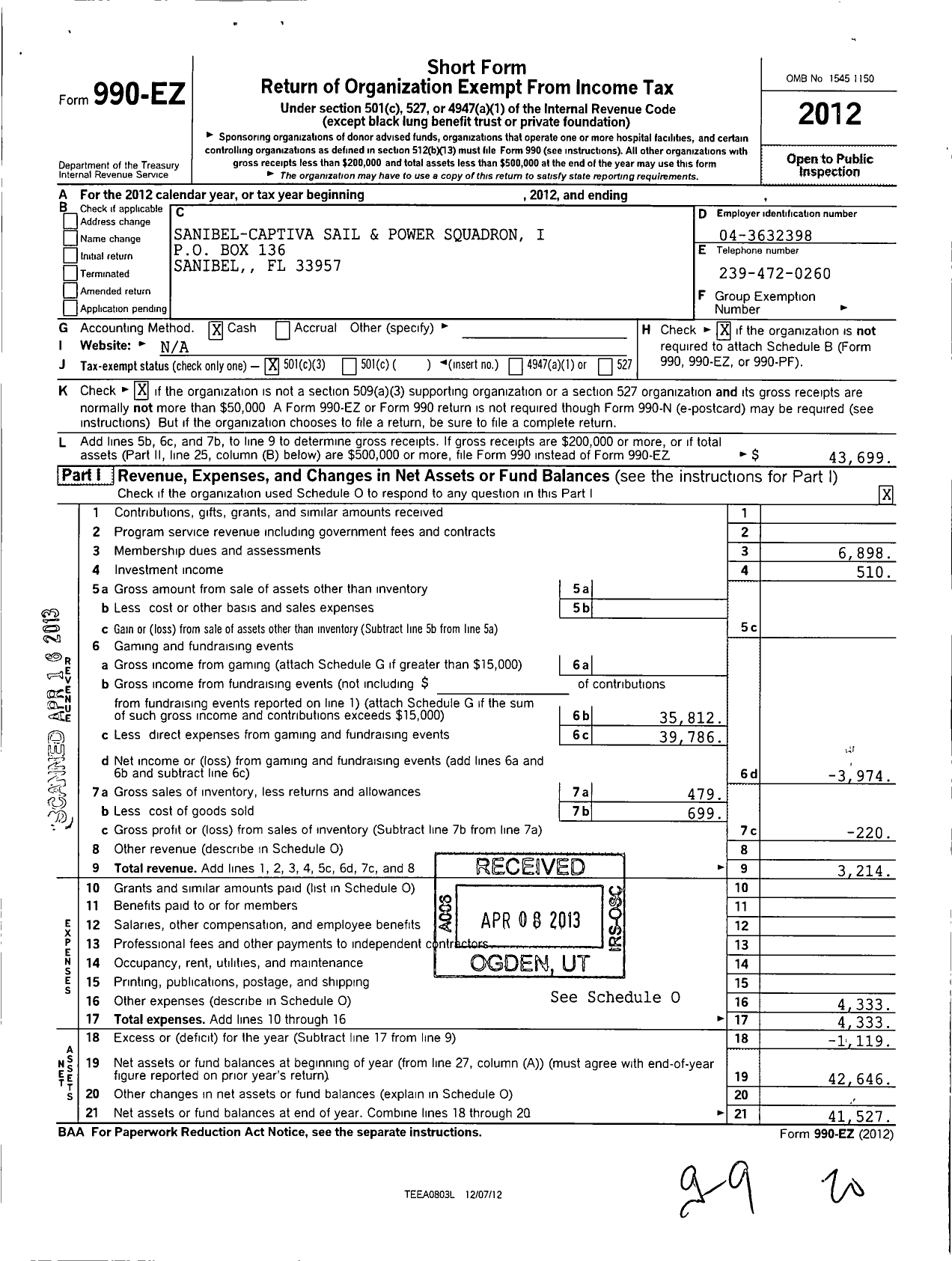 Image of first page of 2012 Form 990EZ for United States Power Squadrons - Sanibel Captiva Sail & Power Squad