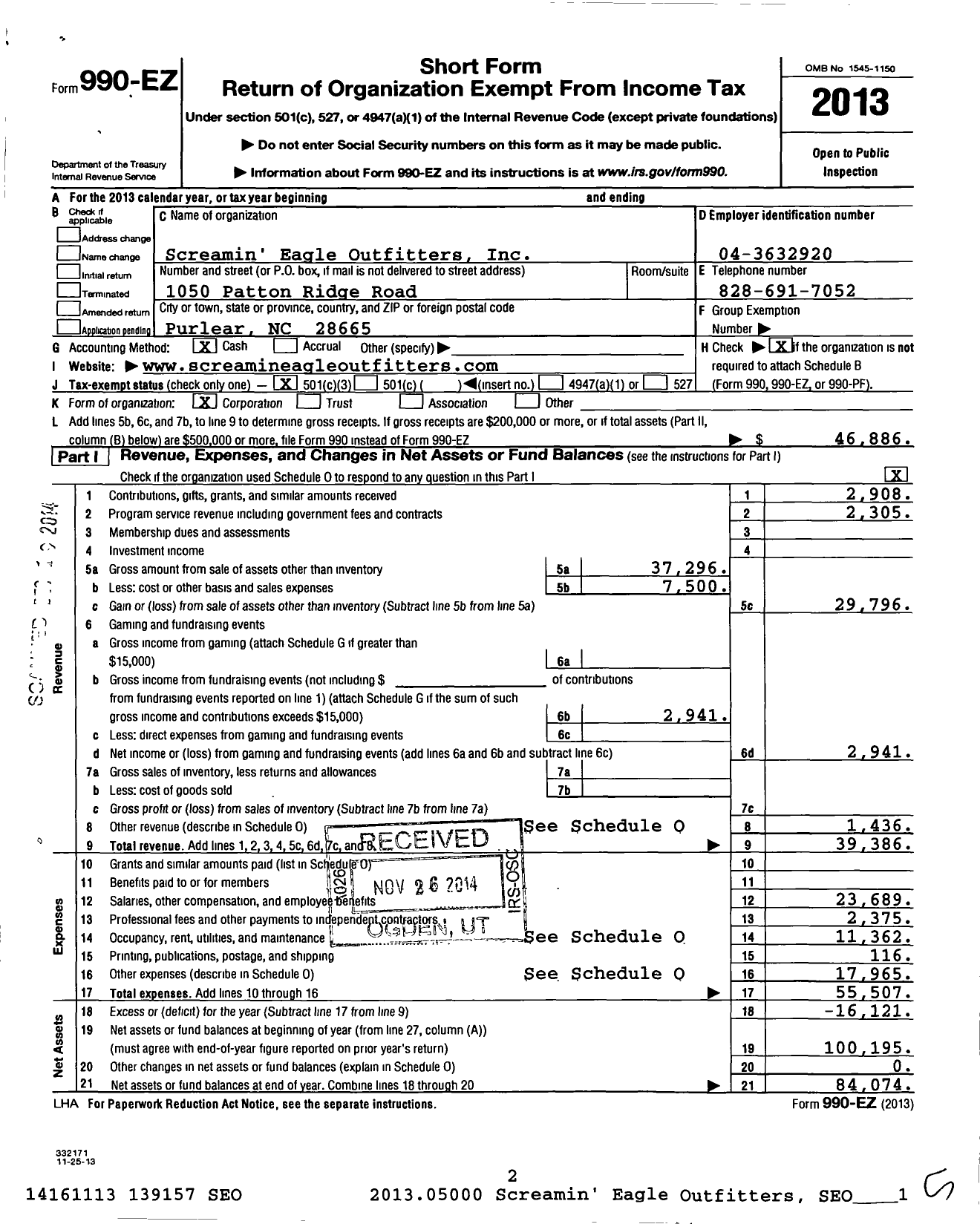 Image of first page of 2013 Form 990EZ for Screamin Eagle Outfitters