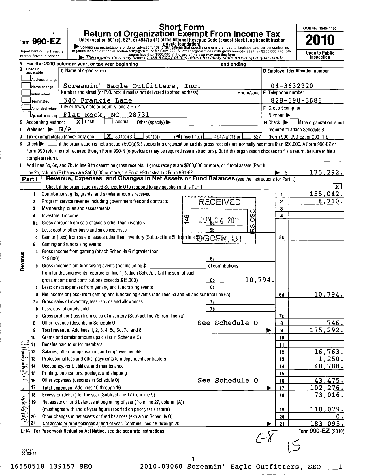 Image of first page of 2010 Form 990EZ for Screamin Eagle Outfitters