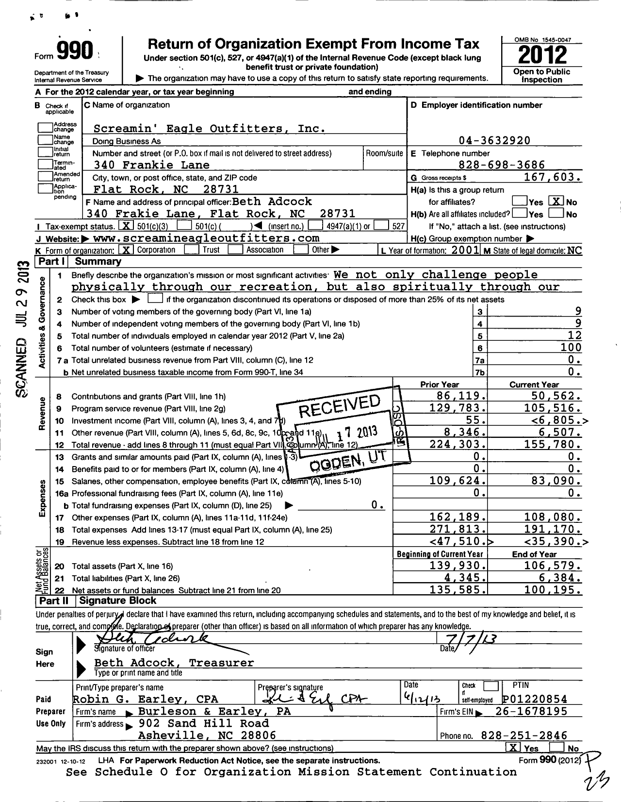 Image of first page of 2012 Form 990 for Screamin Eagle Outfitters