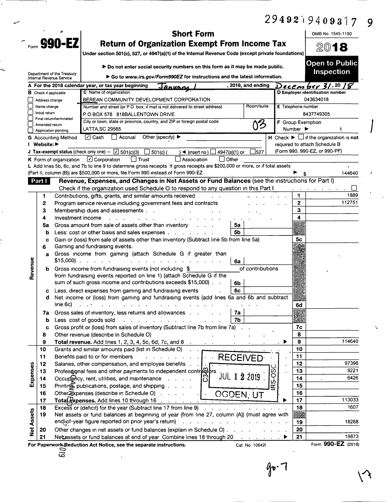 Image of first page of 2018 Form 990EZ for Berean Community Development Corporatiom