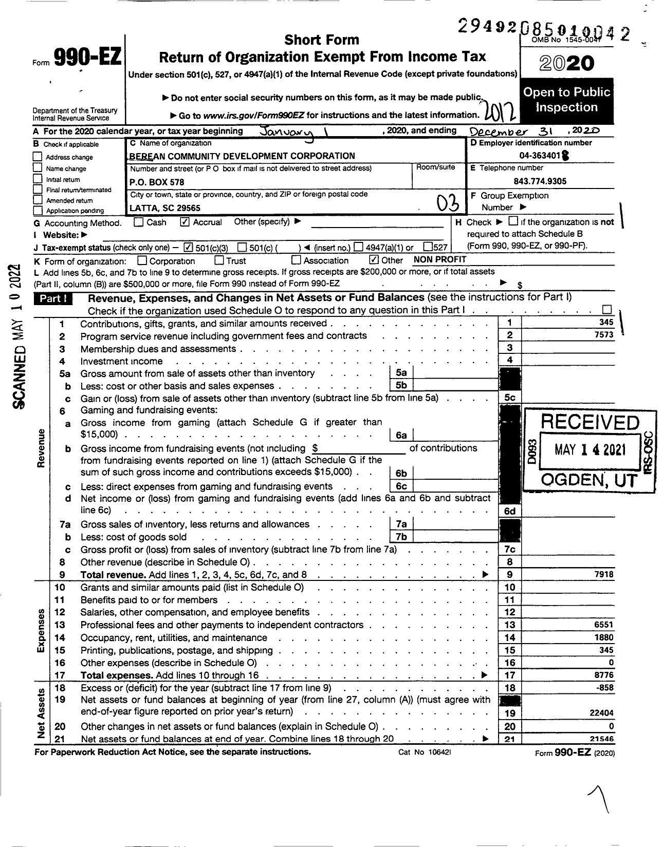 Image of first page of 2020 Form 990EZ for Berean Community Development Corporatiom