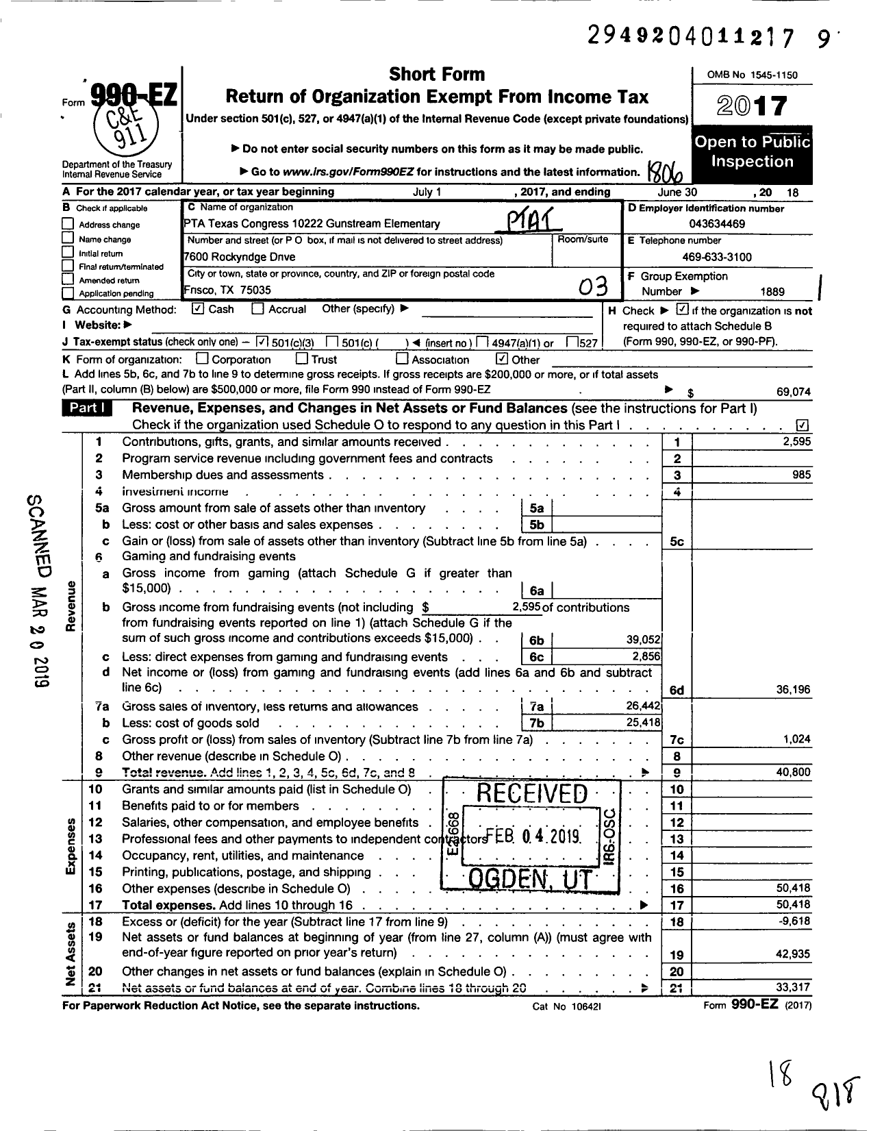 Image of first page of 2017 Form 990EZ for Texas PTA - 10222 Gunstream Elementary