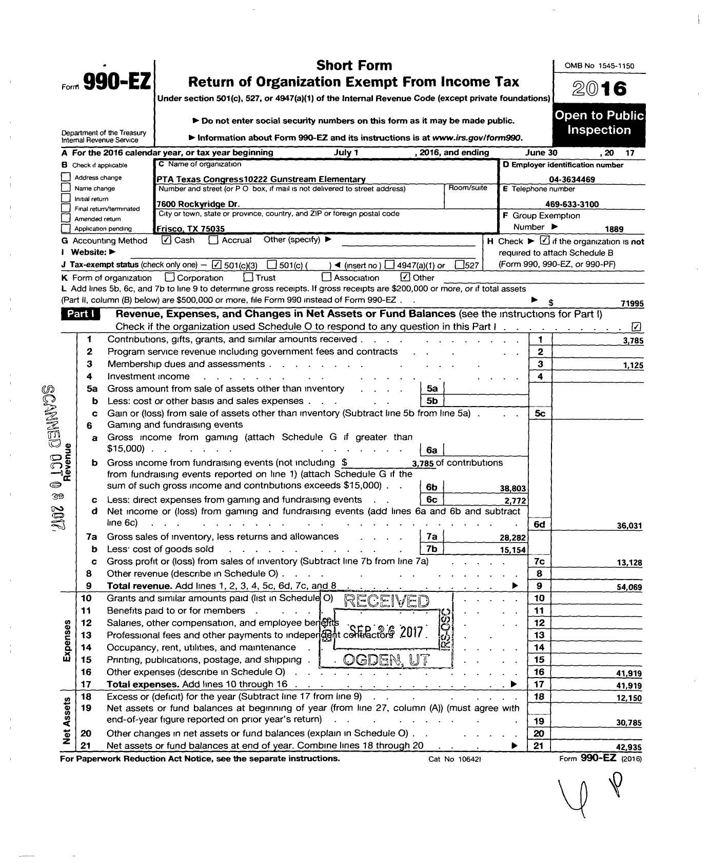 Image of first page of 2016 Form 990EZ for Texas PTA - 10222 Gunstream Elementary