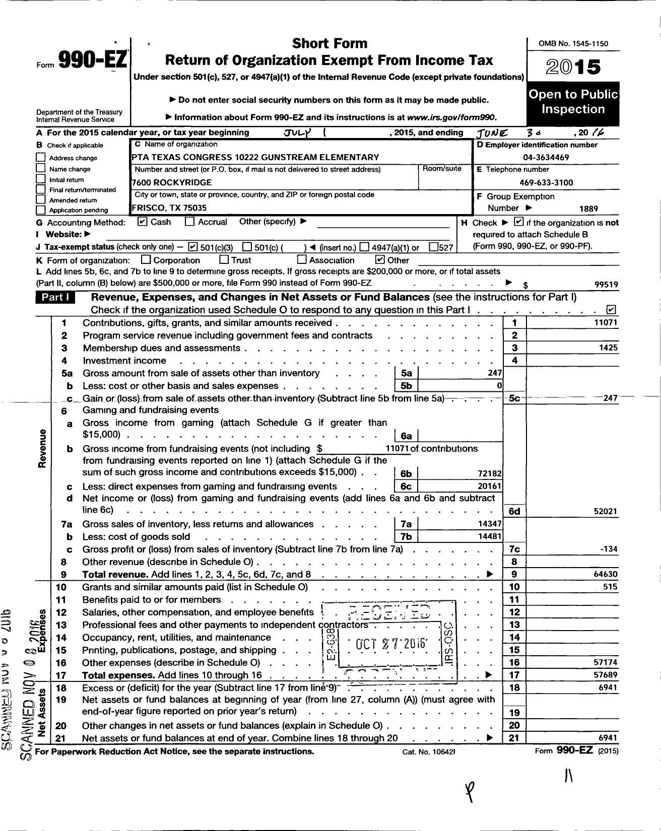 Image of first page of 2015 Form 990EZ for Texas PTA - 10222 Gunstream Elementary