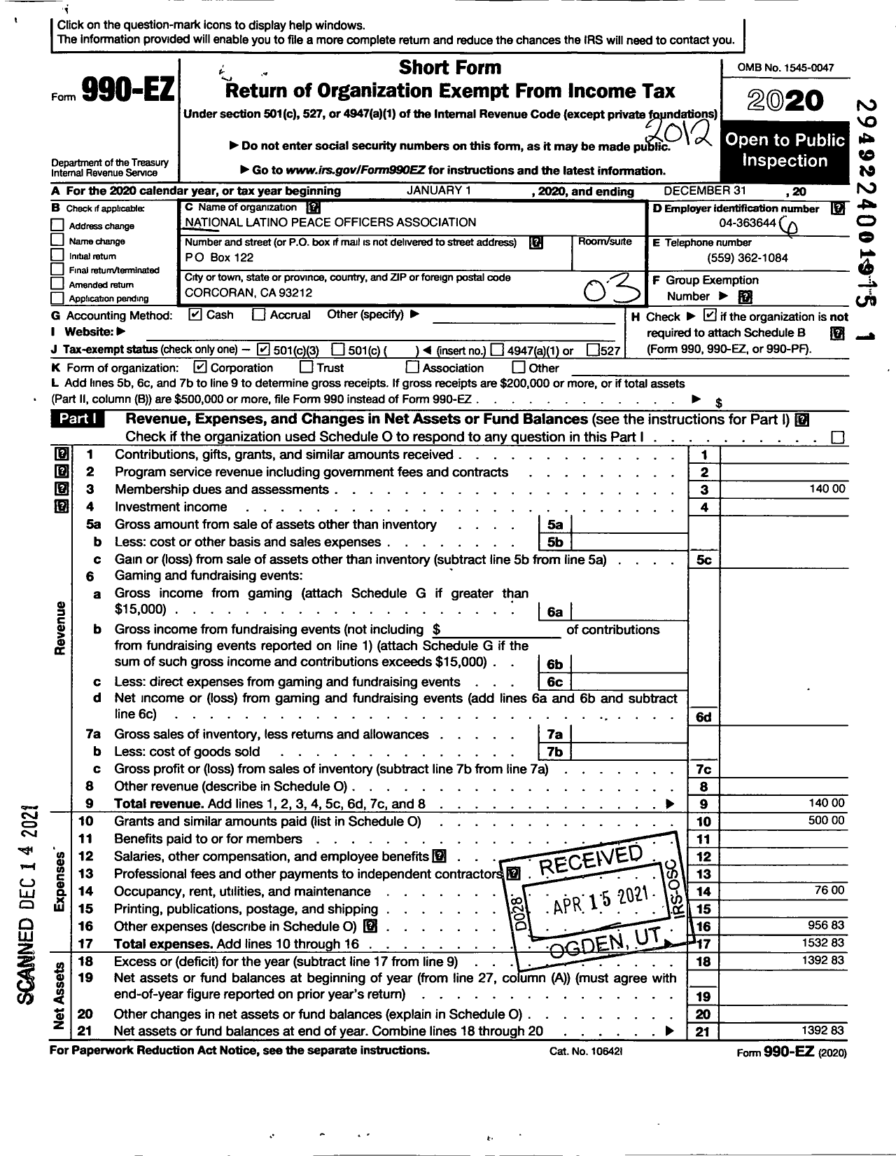 Image of first page of 2020 Form 990EZ for National Latino Peace Officers Association Kings County Chapter Kings County Chapter