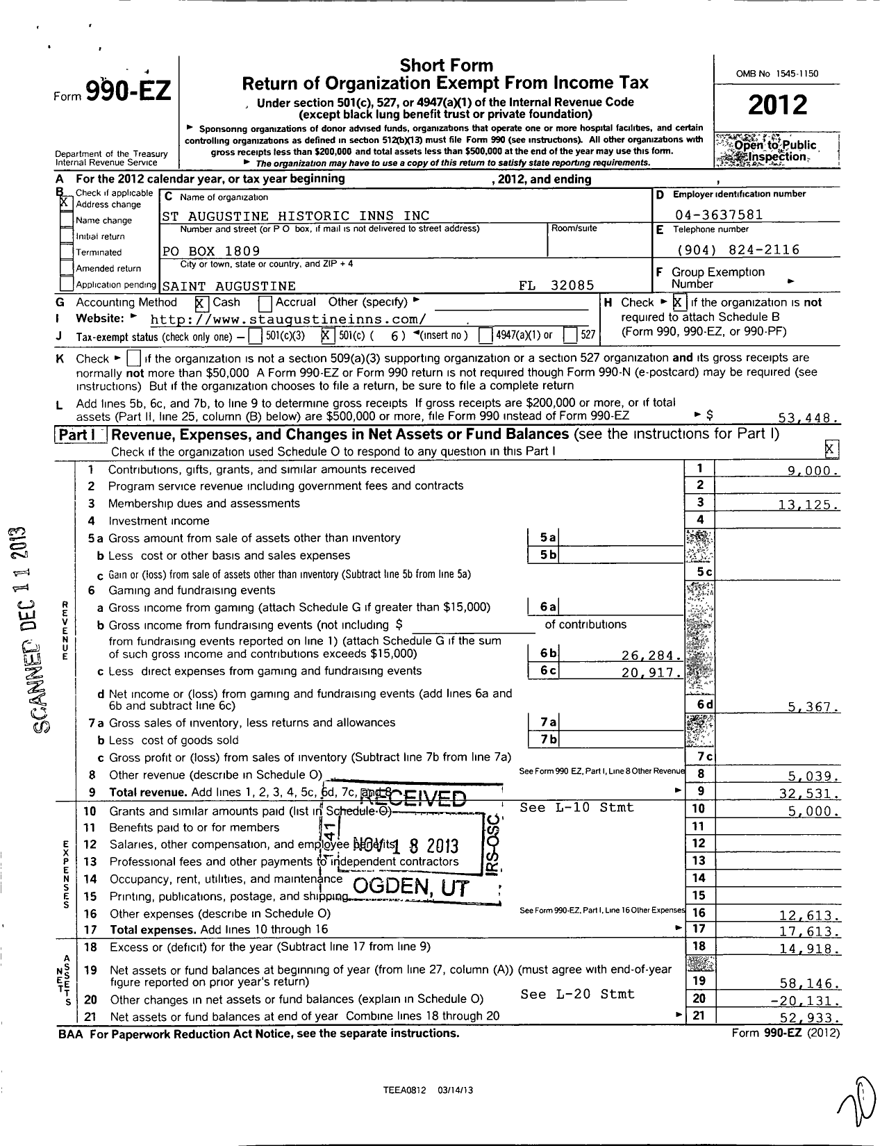 Image of first page of 2012 Form 990EO for St Augustine Historic Inns