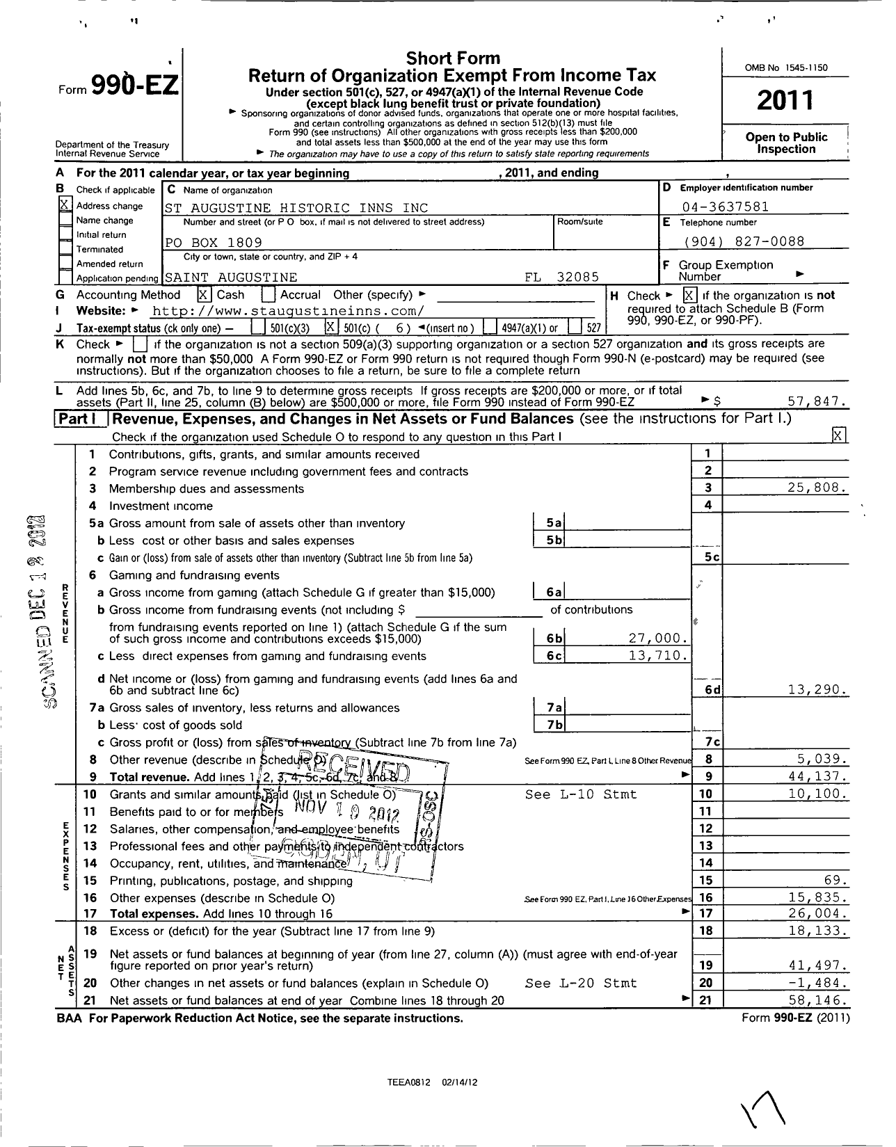 Image of first page of 2011 Form 990EO for St Augustine Historic Inns