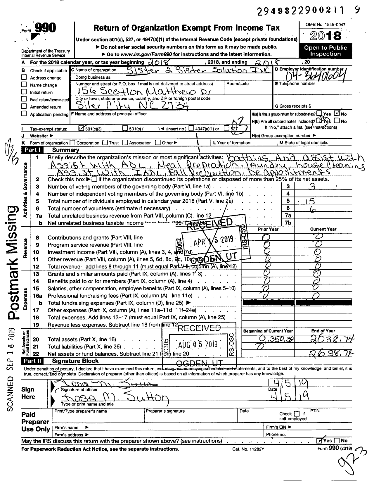 Image of first page of 2018 Form 990 for Sister To Sister Solution