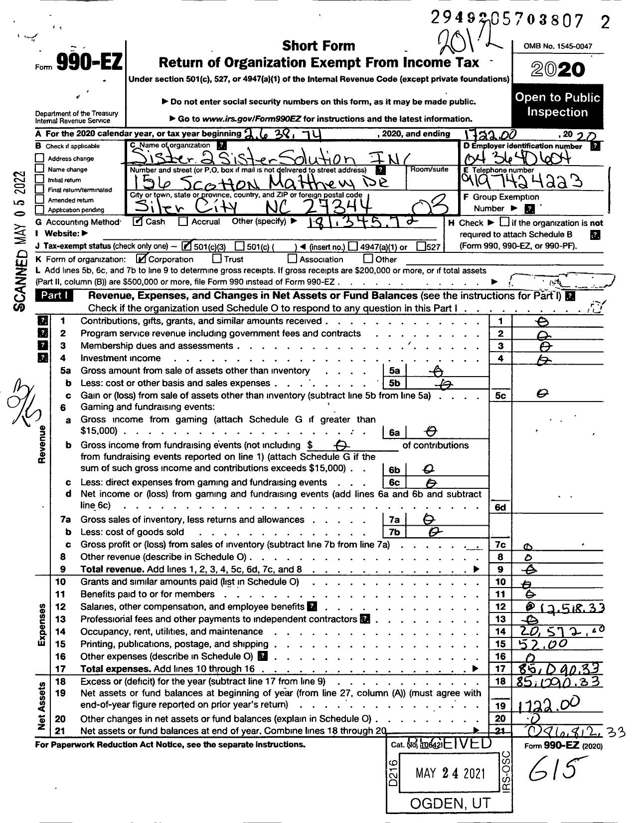 Image of first page of 2020 Form 990EZ for Sister To Sister Solution