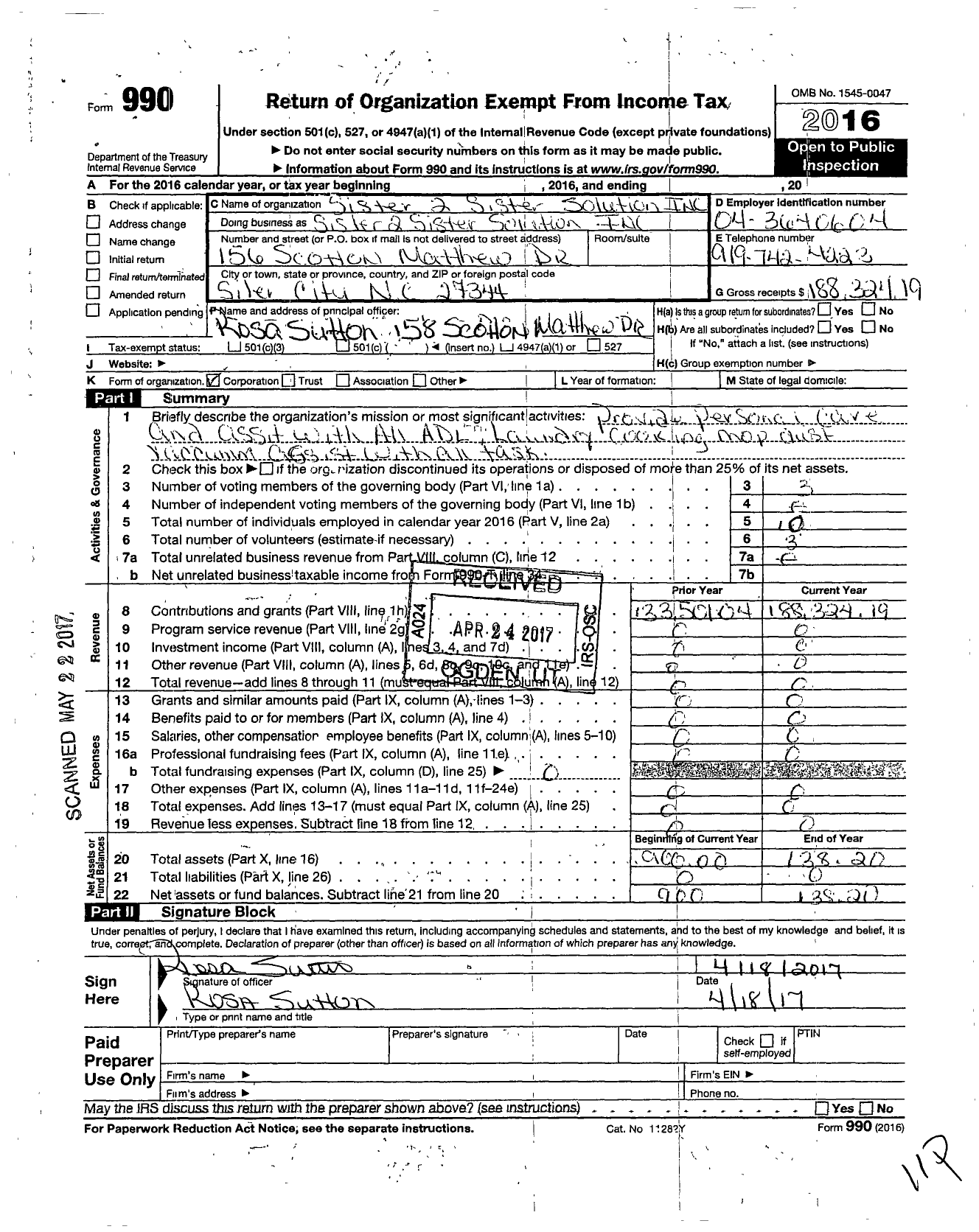 Image of first page of 2016 Form 990O for Sister To Sister Solution