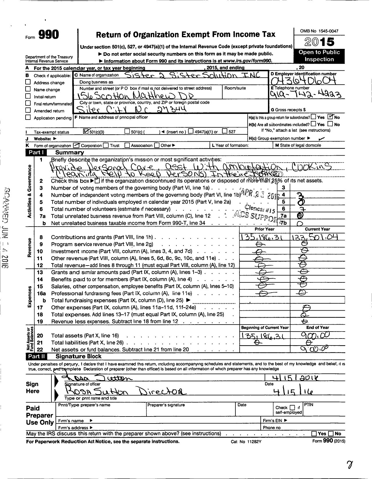 Image of first page of 2015 Form 990 for Sister To Sister Solution