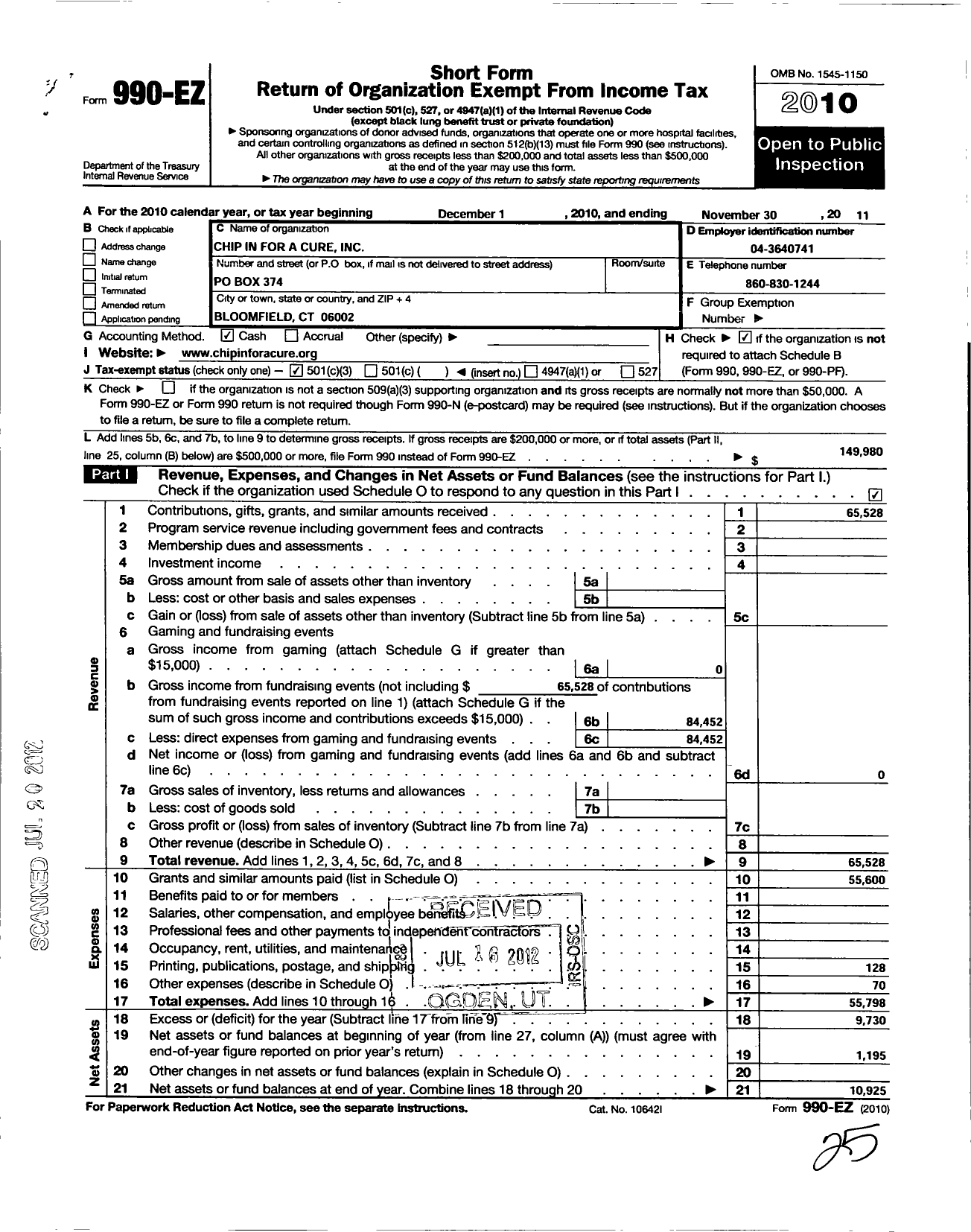 Image of first page of 2010 Form 990EZ for Chip in for A Cure