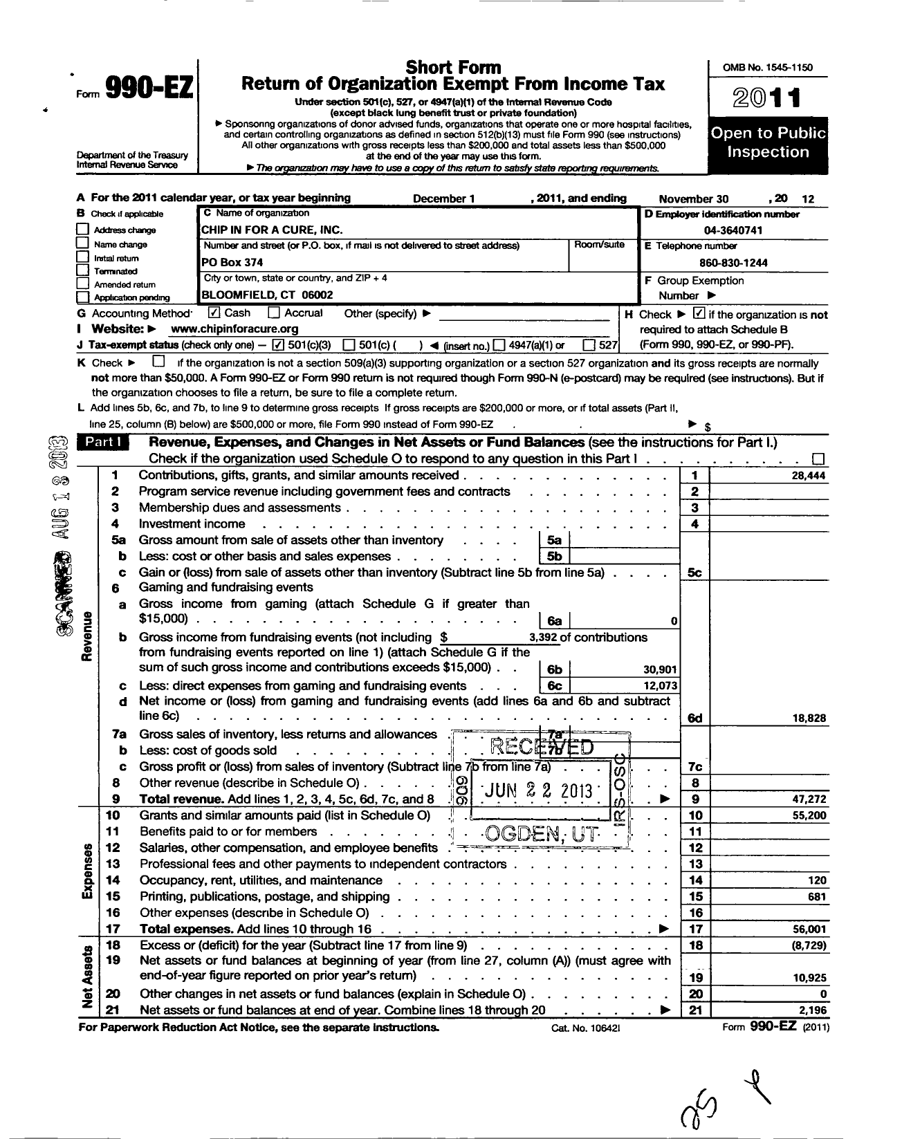 Image of first page of 2011 Form 990EZ for Chip in for A Cure