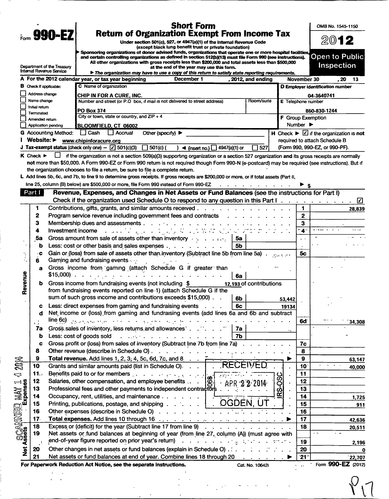 Image of first page of 2012 Form 990EZ for Chip in for A Cure