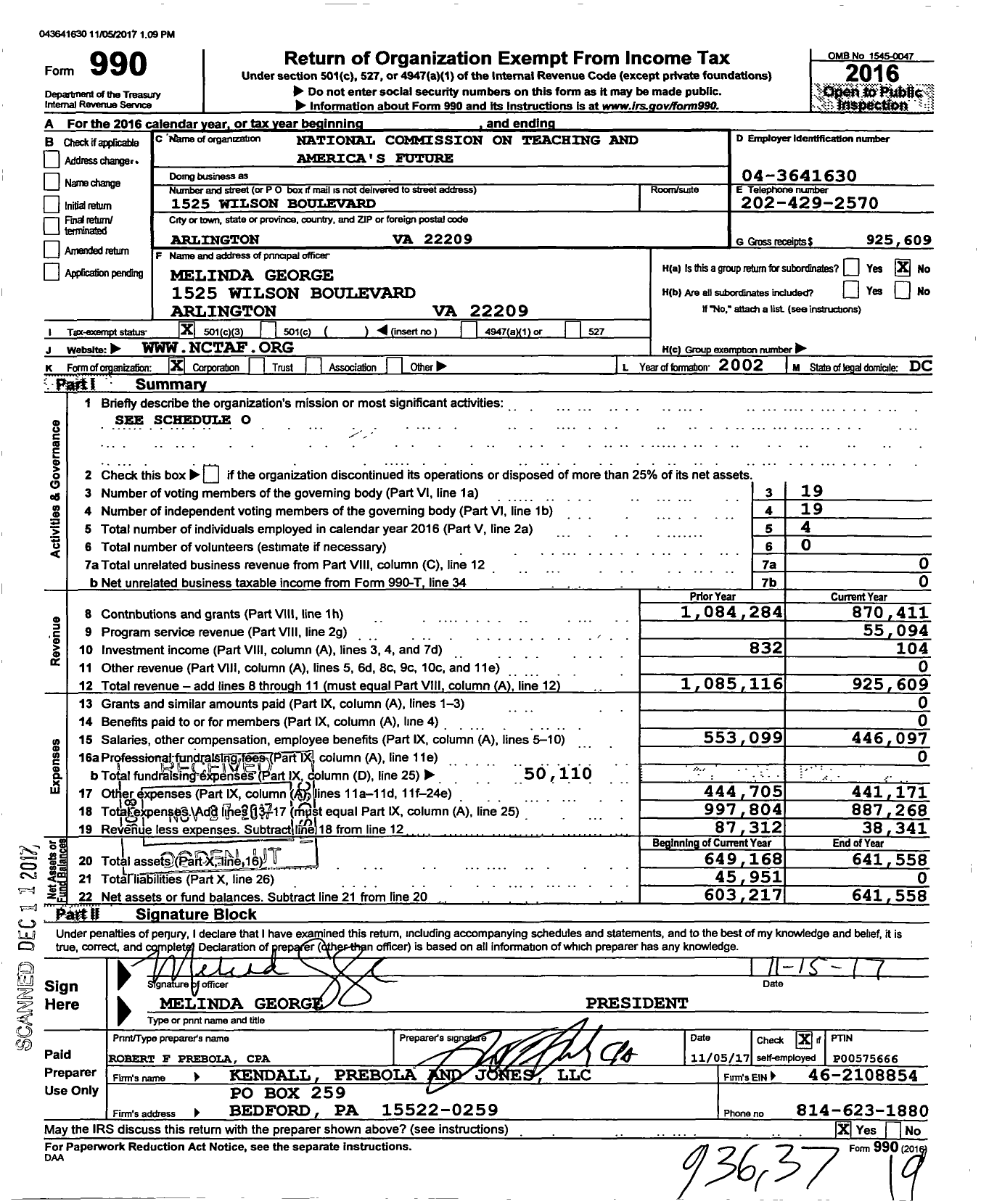 Image of first page of 2016 Form 990 for National Commission on Teaching & AMERICA'S Future (NCTAF)