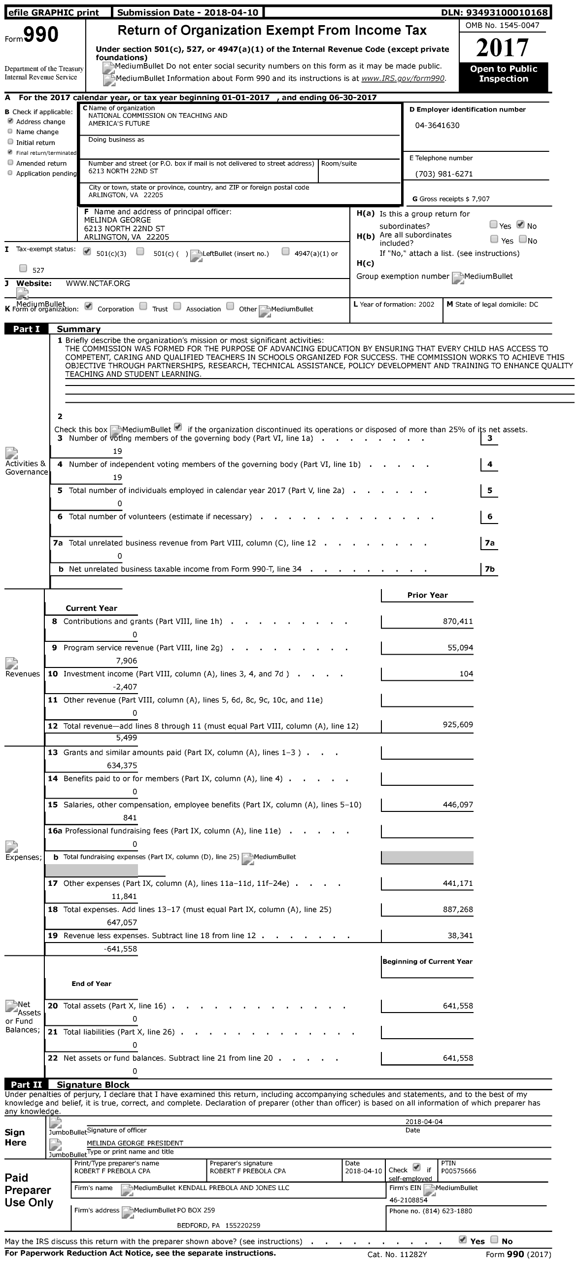 Image of first page of 2016 Form 990 for National Commission on Teaching & AMERICA'S Future (NCTAF)