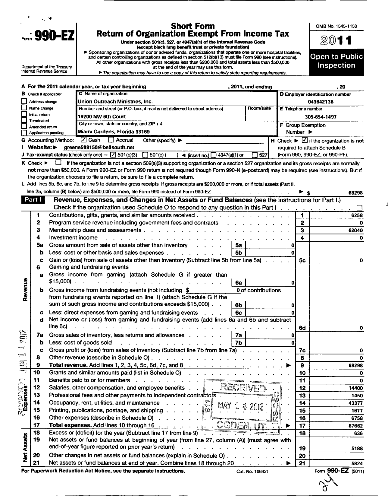 Image of first page of 2011 Form 990EZ for Union Outreach Ministry