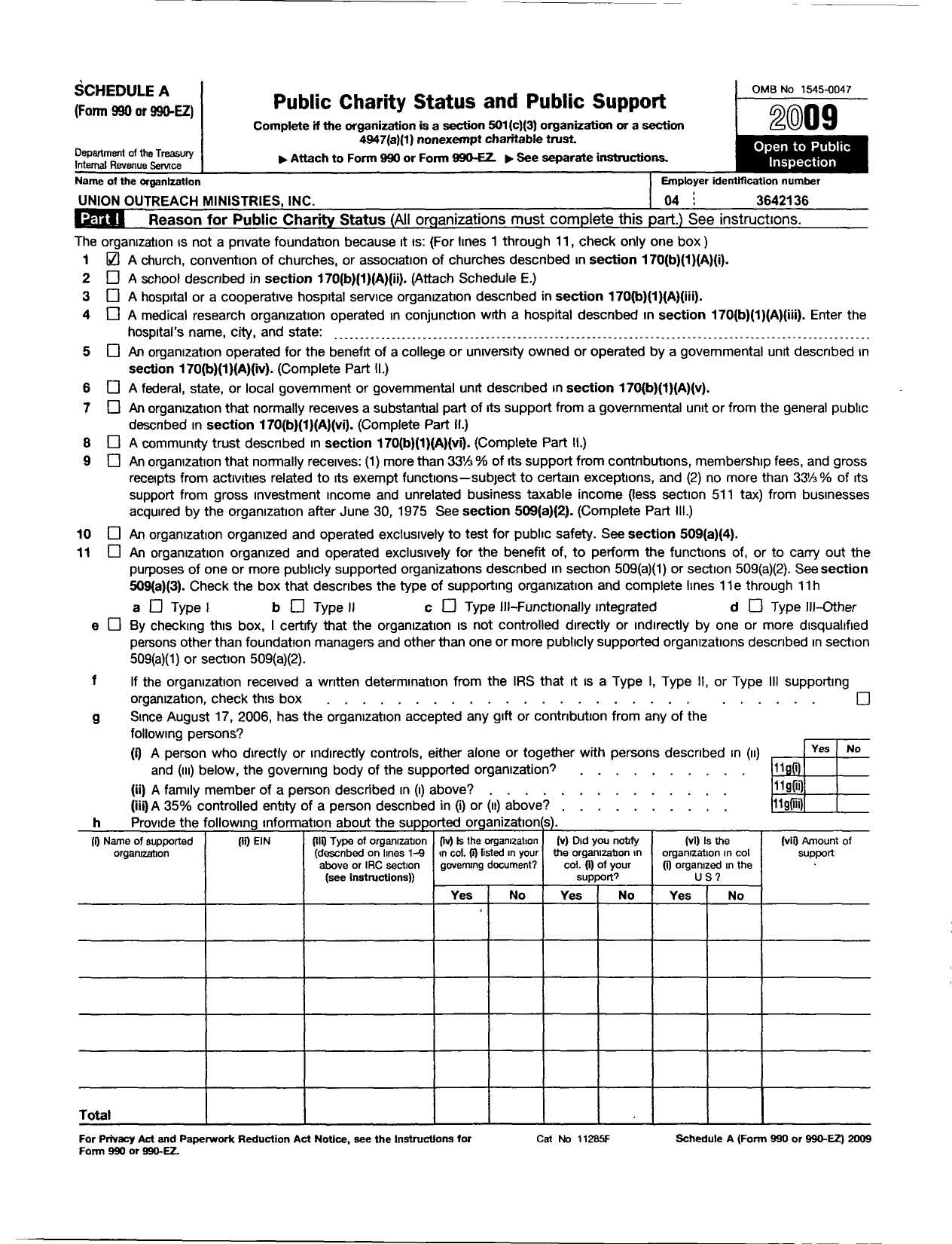 Image of first page of 2009 Form 990ER for Union Outreach Ministry