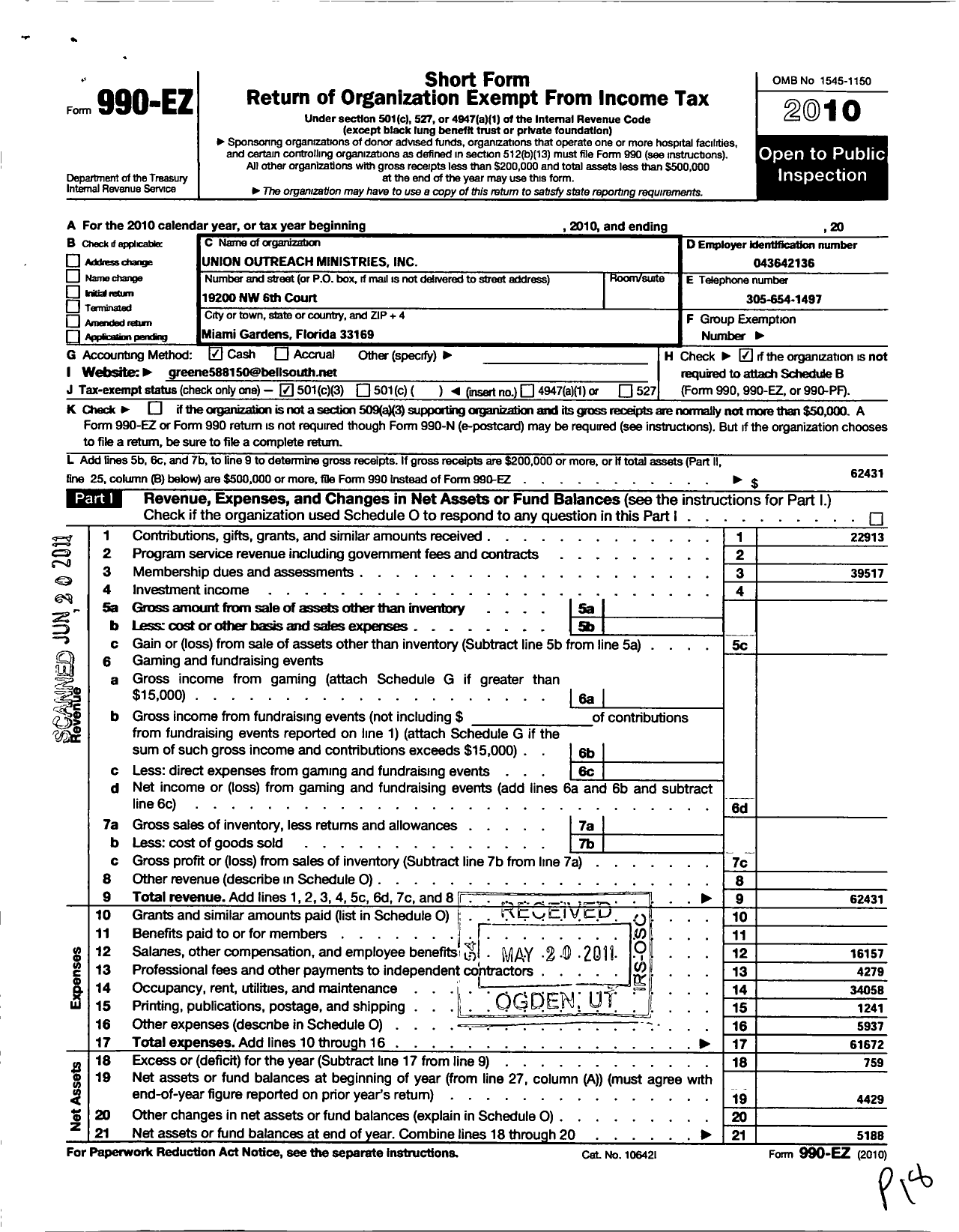 Image of first page of 2010 Form 990EZ for Union Outreach Ministry