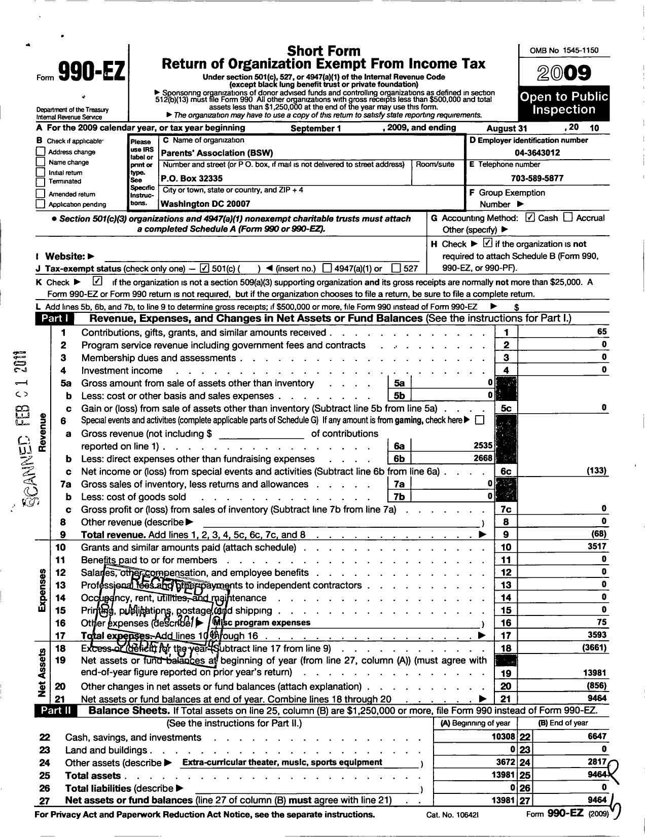 Image of first page of 2009 Form 990EO for Parents Association BSW