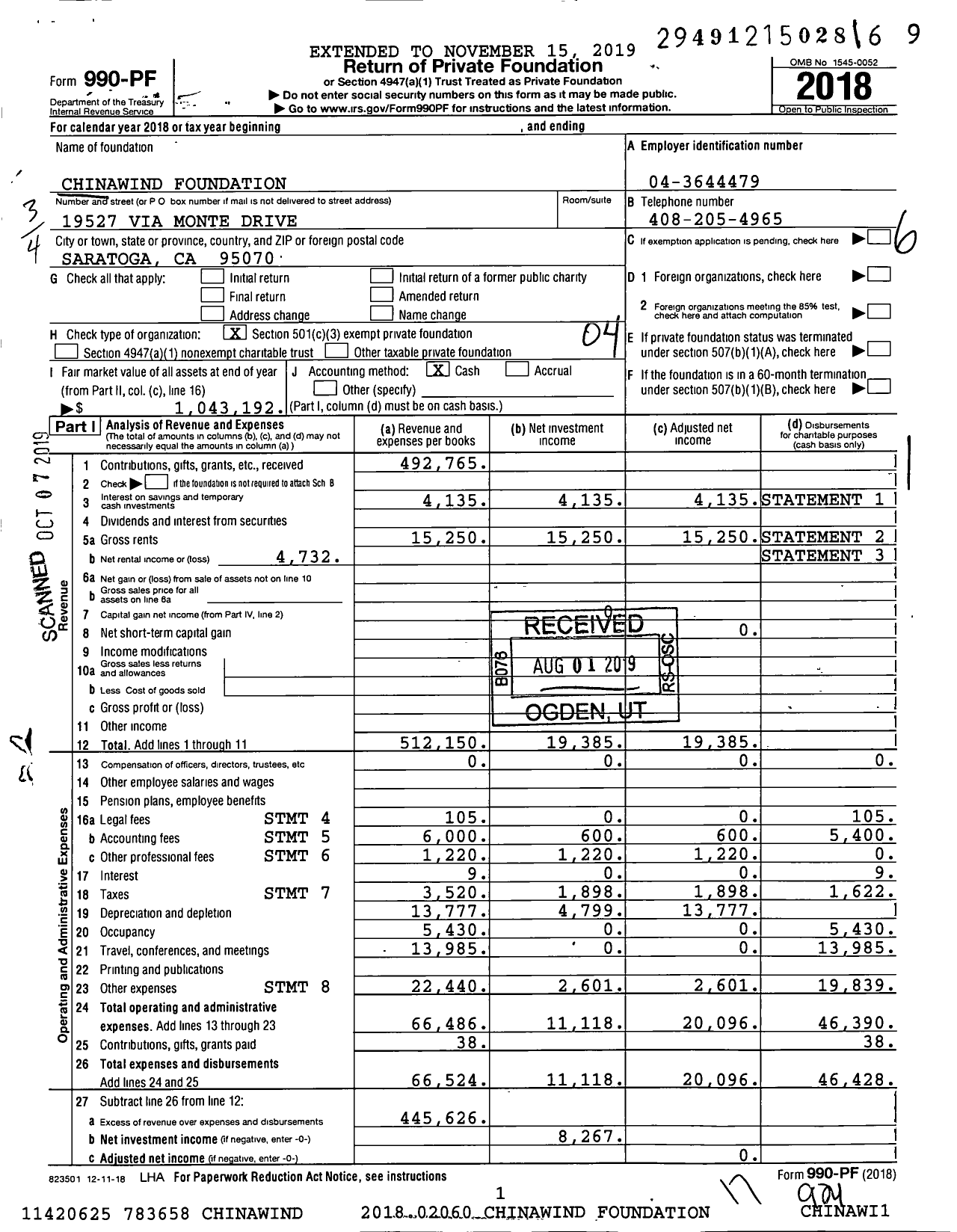 Image of first page of 2018 Form 990PF for Chinawind Foundation