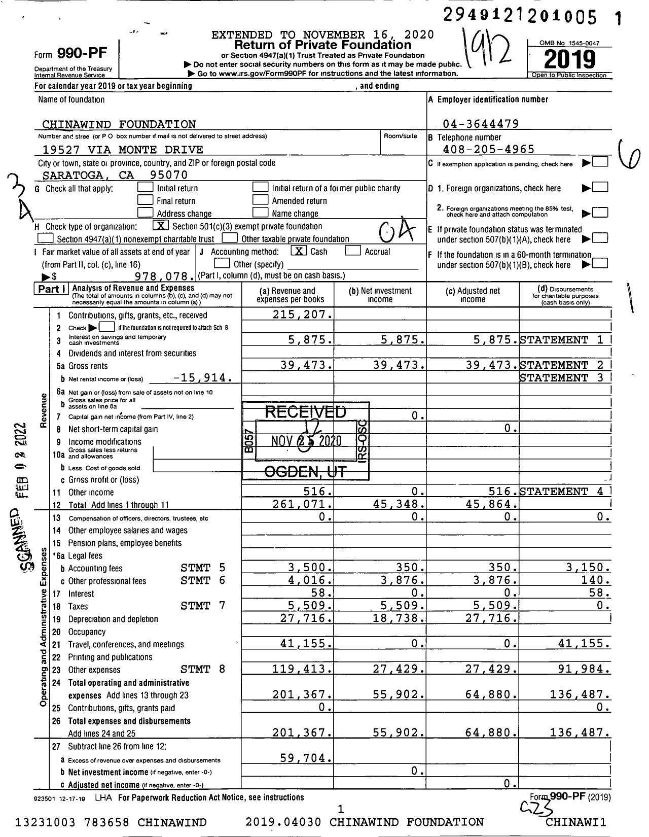 Image of first page of 2019 Form 990PF for Chinawind Foundation