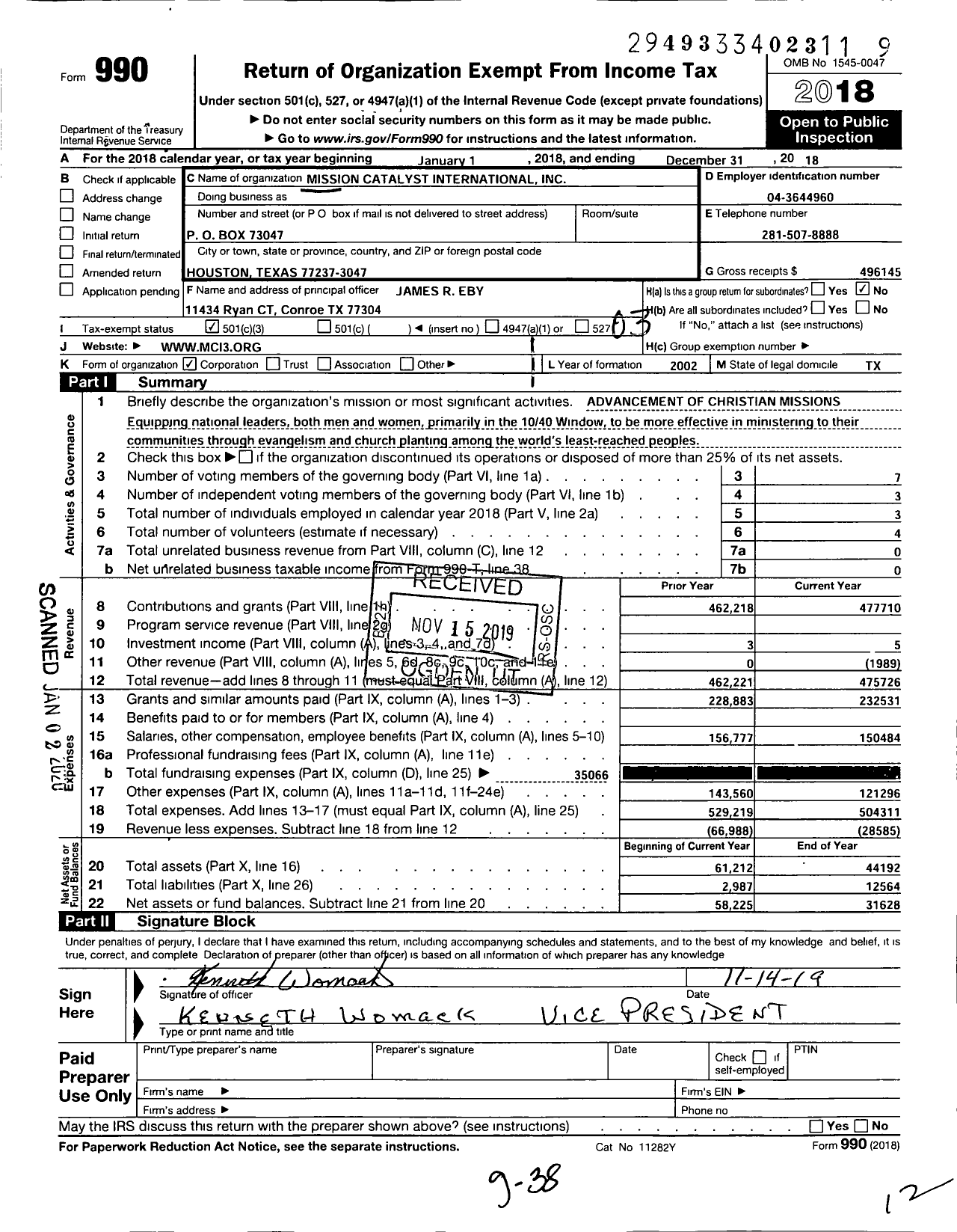 Image of first page of 2018 Form 990 for Mission Catalyst International