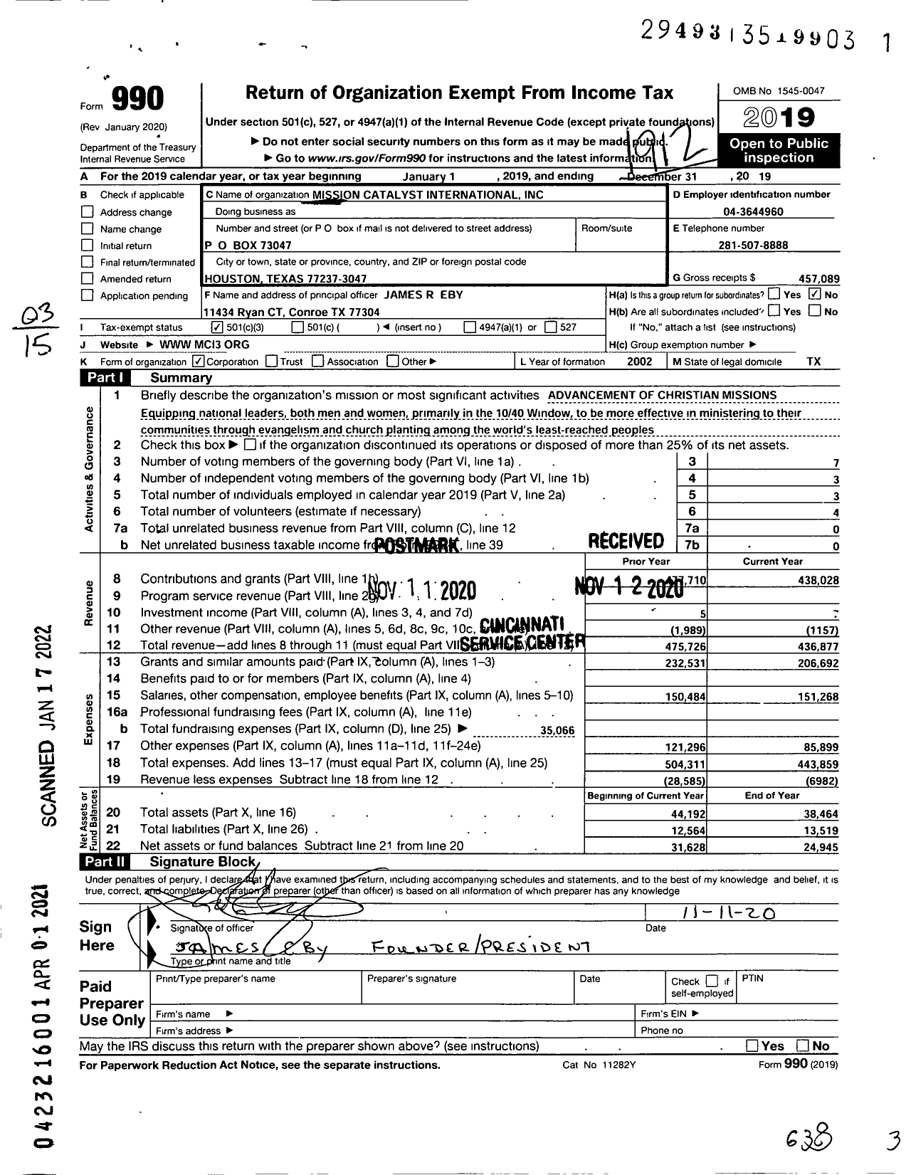 Image of first page of 2019 Form 990 for Mission Catalyst International