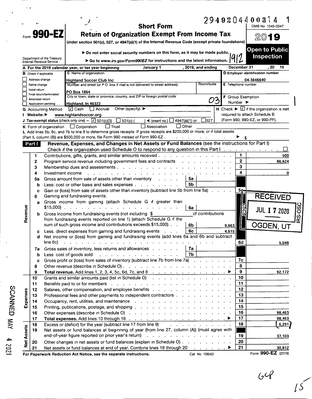 Image of first page of 2019 Form 990EZ for Highland Soccer Club