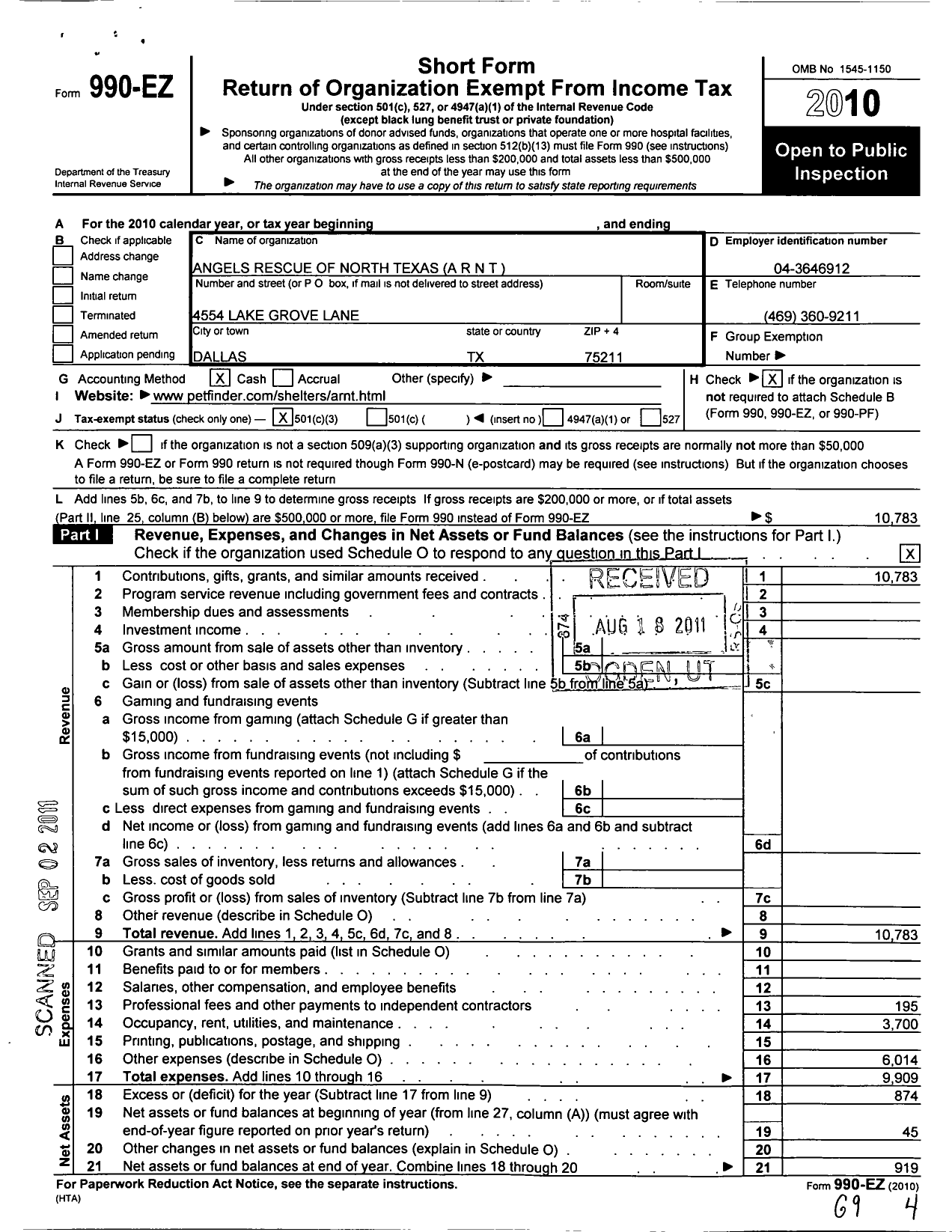 Image of first page of 2010 Form 990EZ for Angels Rescue of North Texas