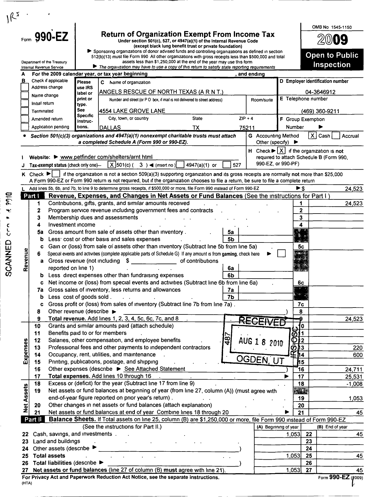 Image of first page of 2009 Form 990EZ for Angels Rescue of North Texas