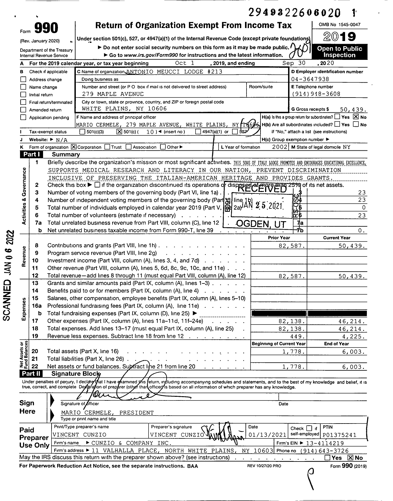 Image of first page of 2019 Form 990 for Order Sons and Daughters of Italy in America - 213 Antonio Meucci